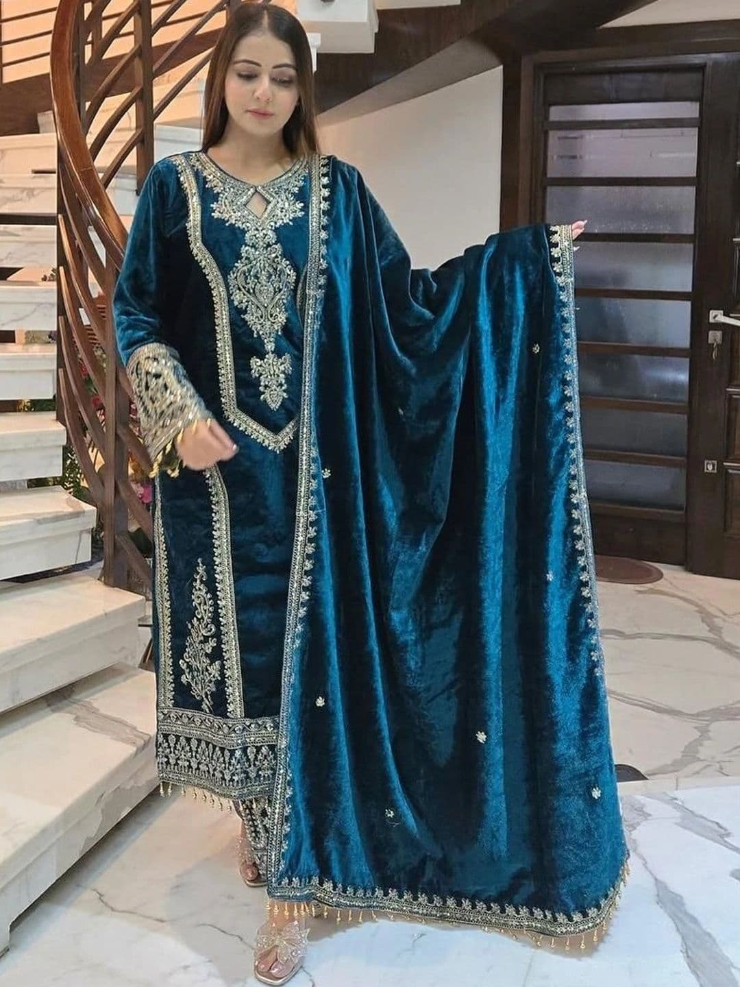 B&B Fashion Womend Regular Velvet Kurta with Trousers & With Dupatta - view 1
