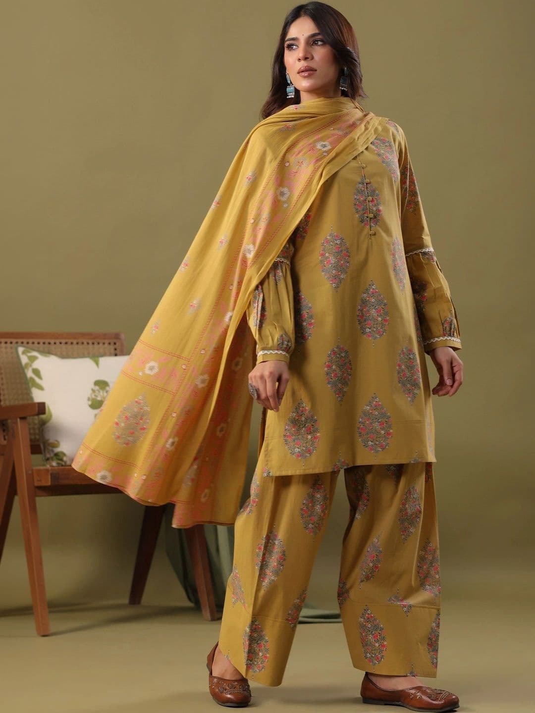 Rimeline Women Floral Printed Regular Pure Cotton Kurta with Farshi Salwar & Dupatta - view 1