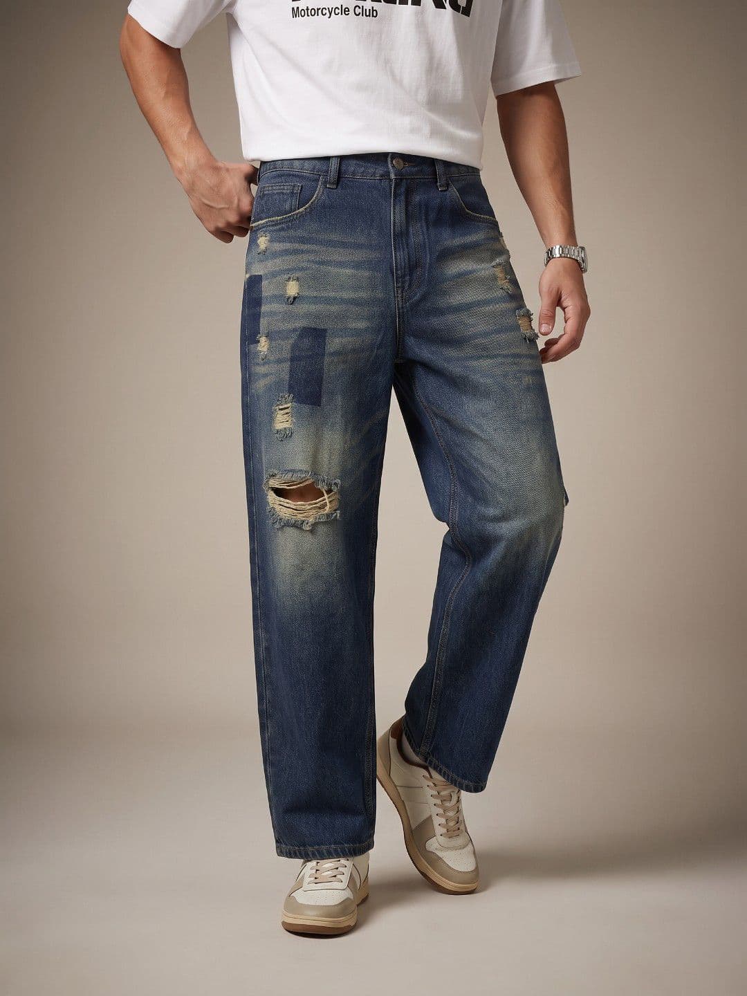 glitchez Men Barrel Fit Highly Distressed Light Fade Stretchable Jeans - view 1