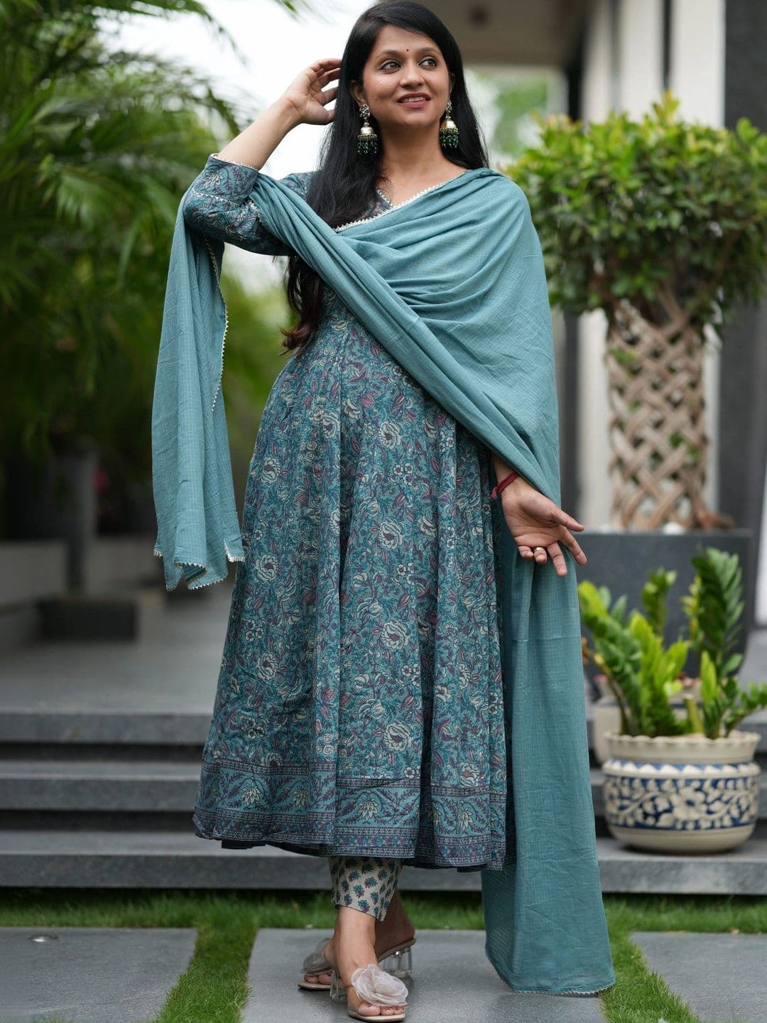 Dholkee Women Ethnic Motifs Printed Empire Gotta Patti Pure Cotton Kurta with Trousers & With Dupatta - view 1