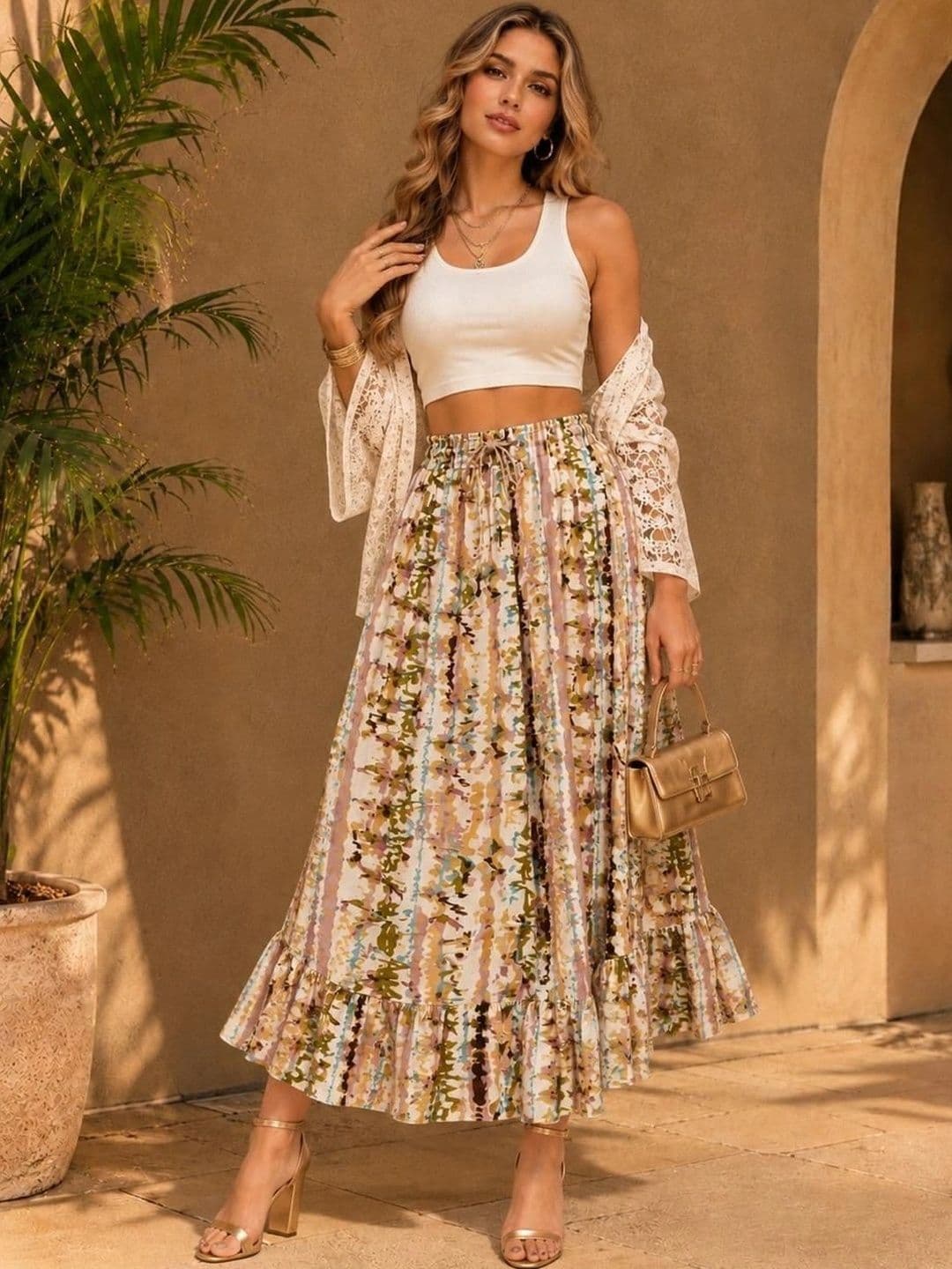 TNQ Women Crepe Tie and Dye Midi Flared Skirt - view 1
