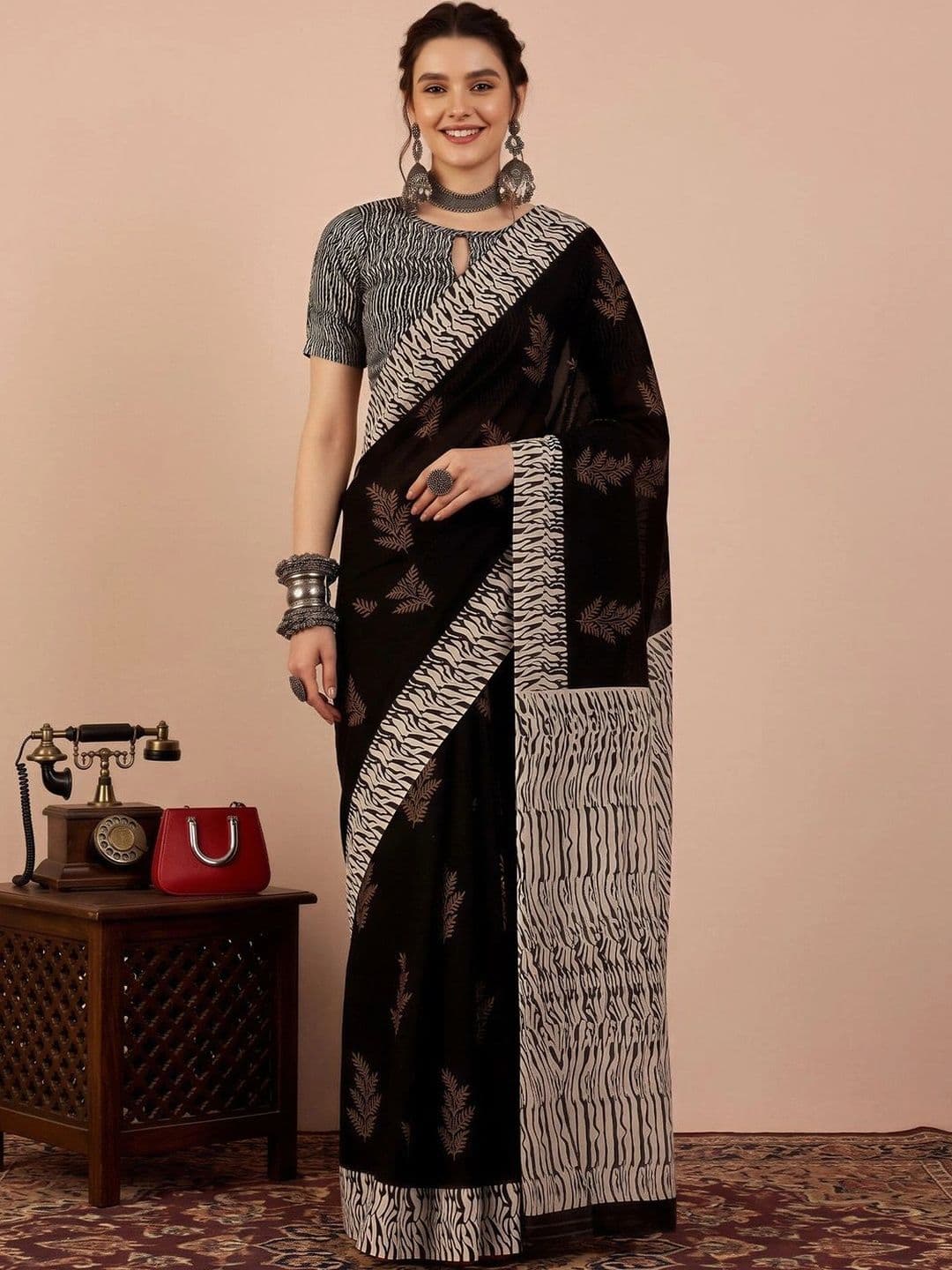 Anouk Silk Blend Designer Block Print Saree - view 1