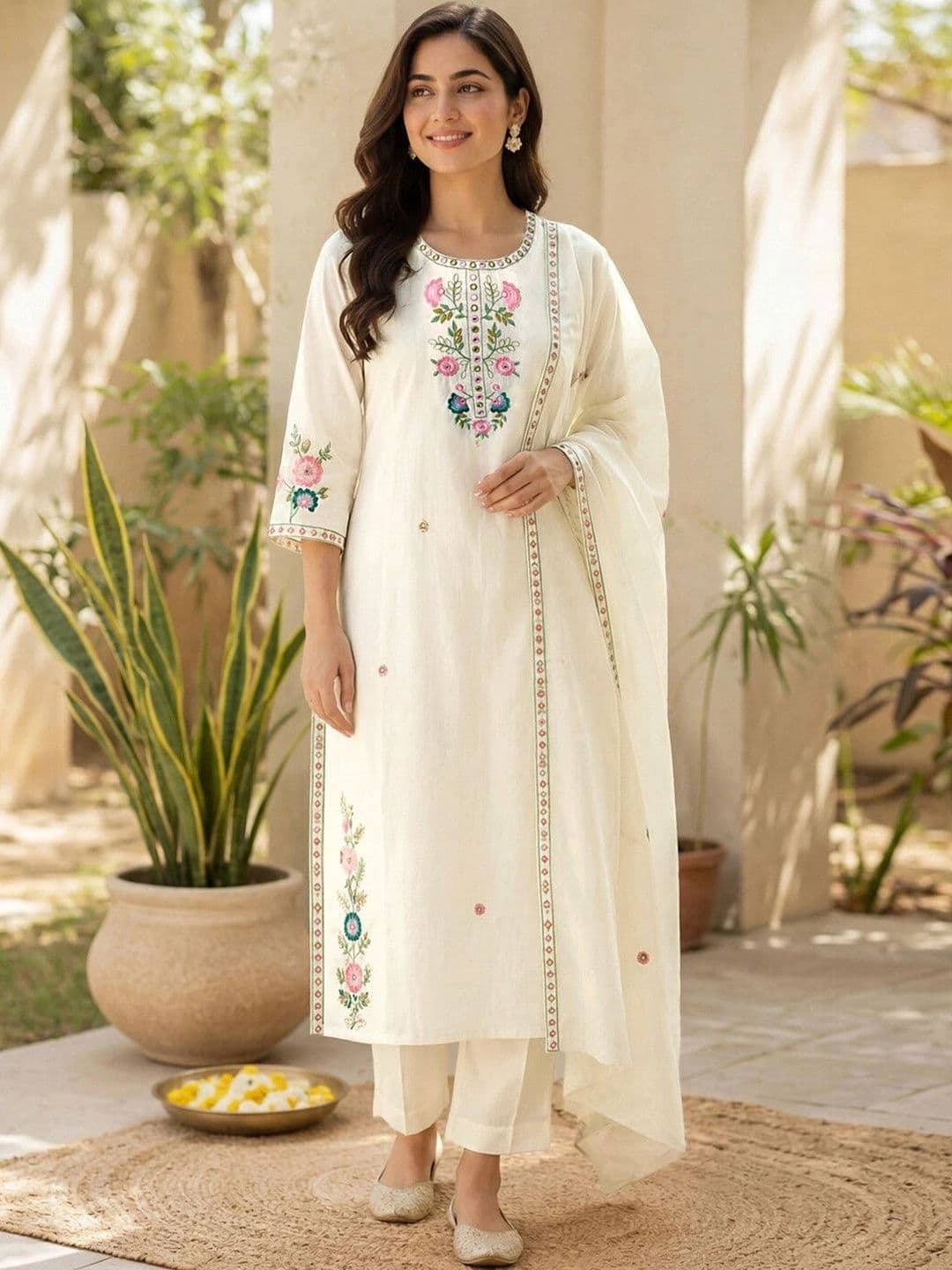 SKYLEE Women Floral Embroidered Regular Thread Work Pure Cotton Kurta with Trousers & With Dupatta - view 1