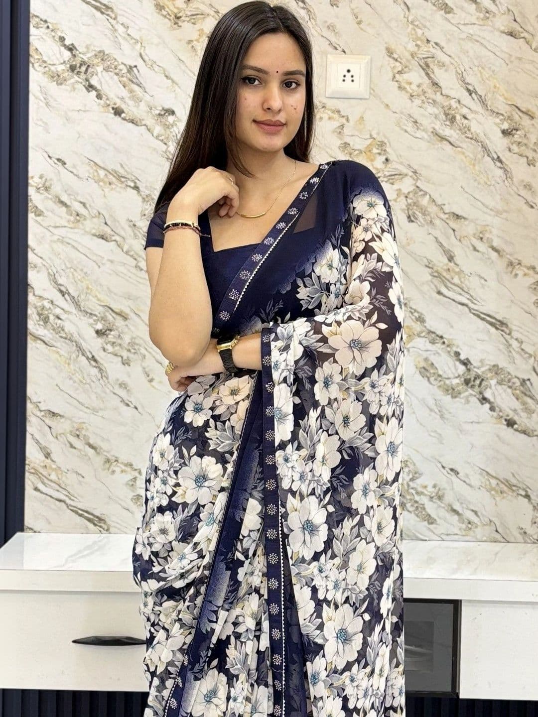 TELIRAJ FASHIONS Floral Sequinned Pure Georgette Designer Block Print Saree - view 1
