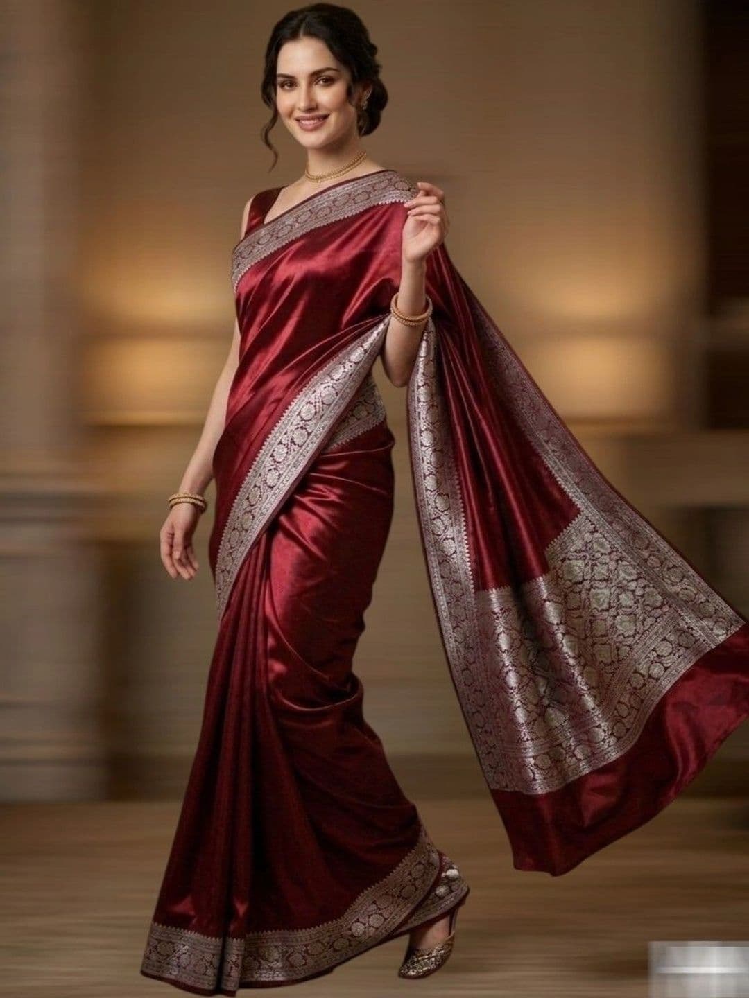 EEFA FASHION Woven Design Zari Satin Banarasi Saree - view 1