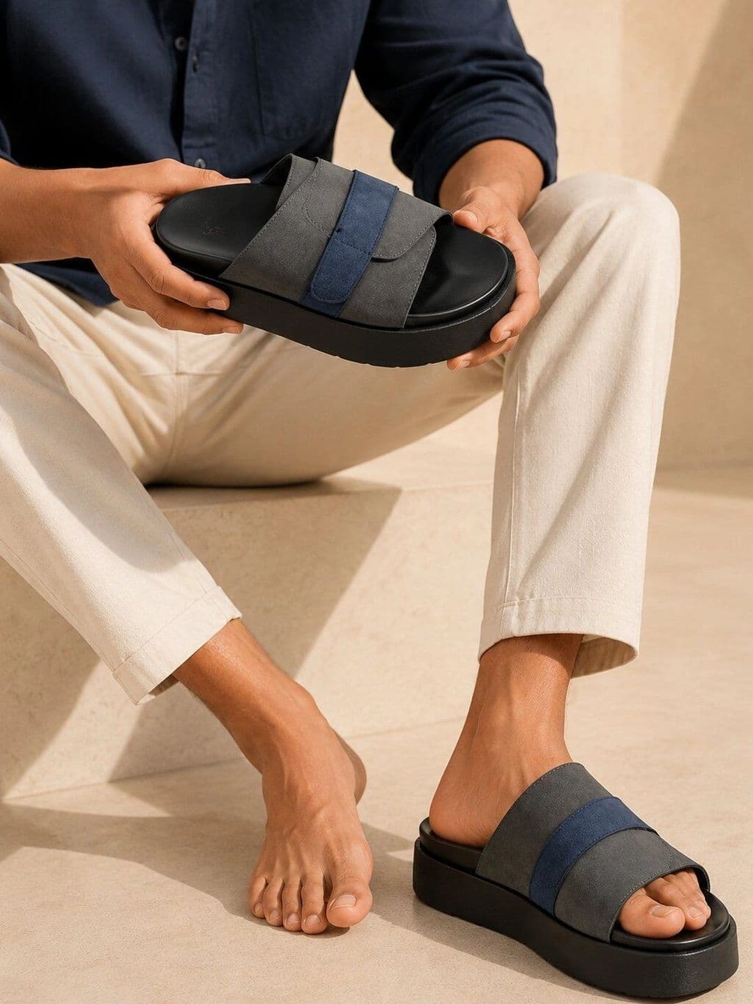 San Frissco Men Grey Suede Wide Strap Sandals with Cushioned Footbed & Chunky Sole - view 1