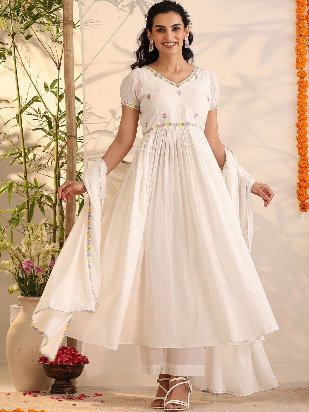 Khushal K Women Floral Embroidered Empire Thread Work Pure Cotton Kurta with Palazzos & With Dupatta - view 1