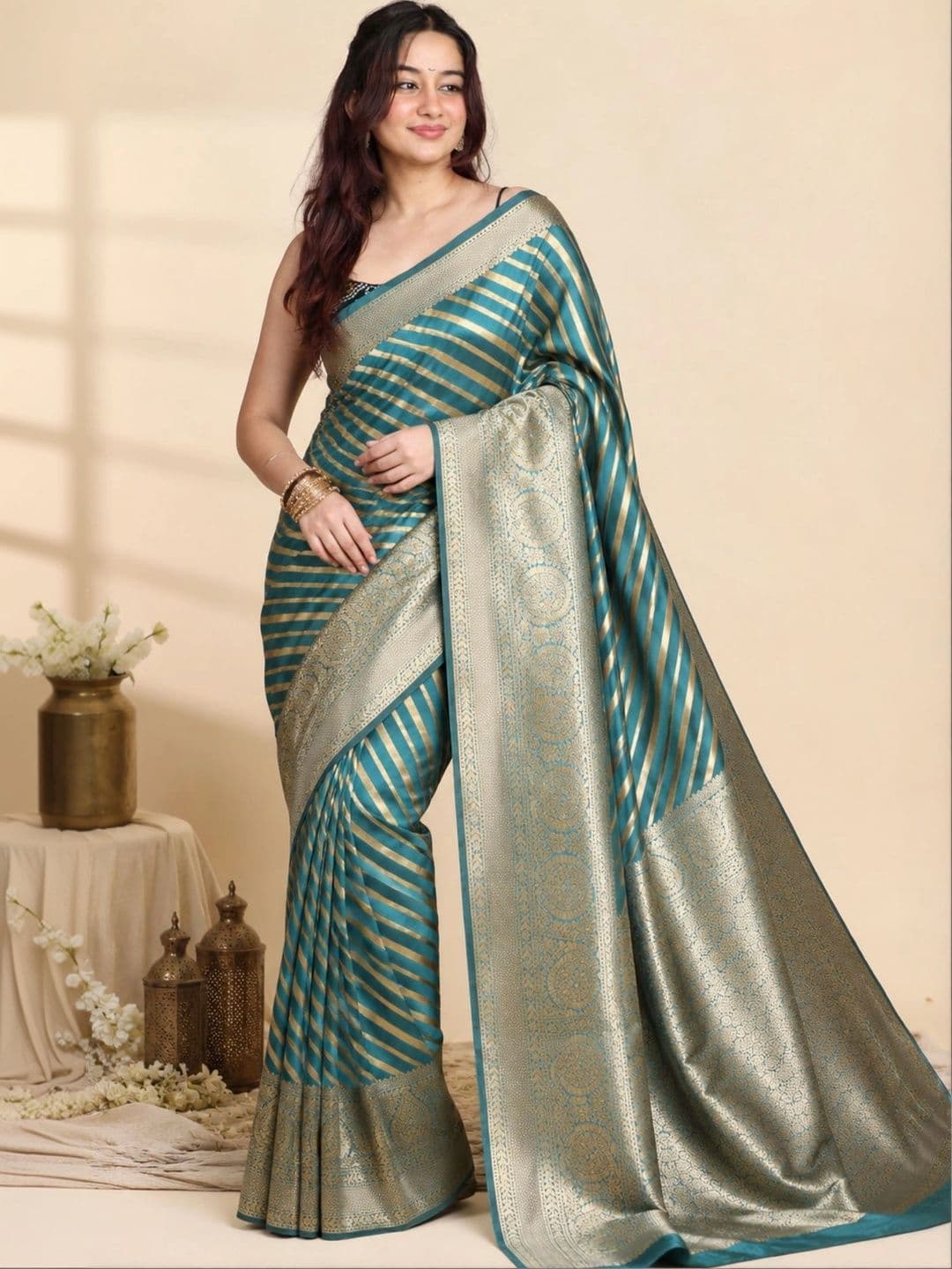 all about you Striped Zari Satin Banarasi Saree - view 1