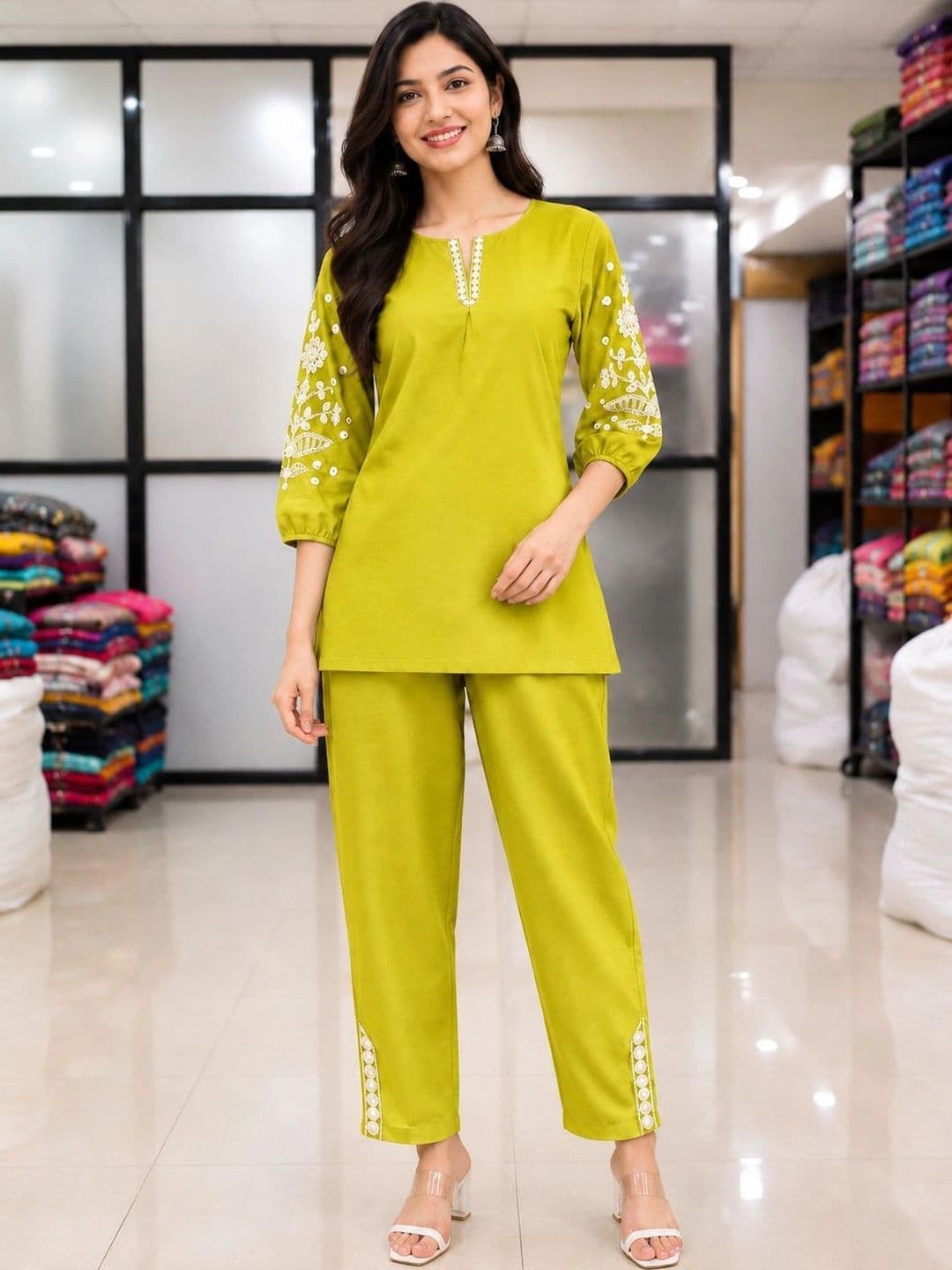 all about you Women Floral Embroidered Regular Thread Work Kurta with Trousers - view 1