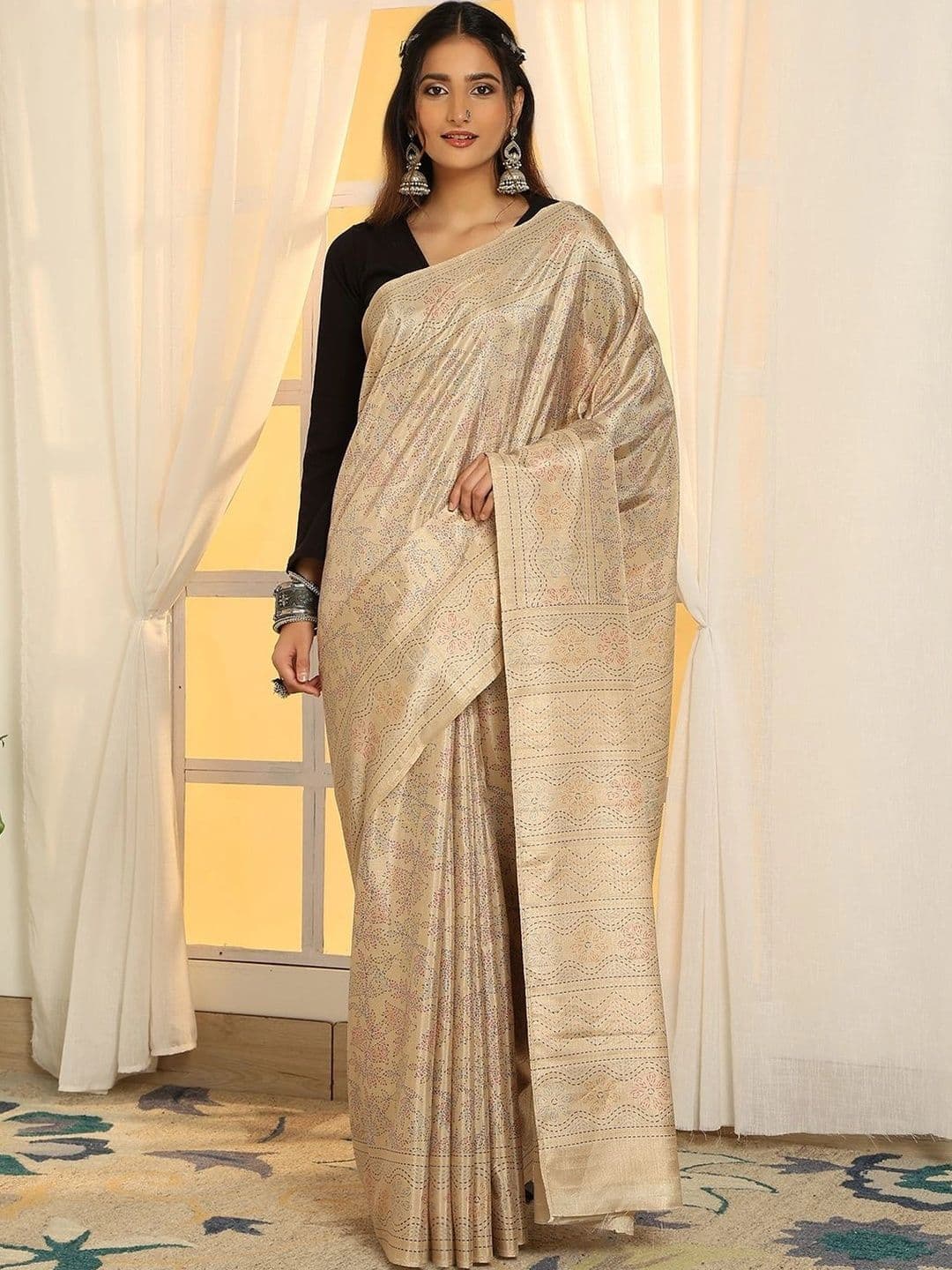 Garden Vareli Ethnic Motifs Embroidered Pure Linen Saree - view 1