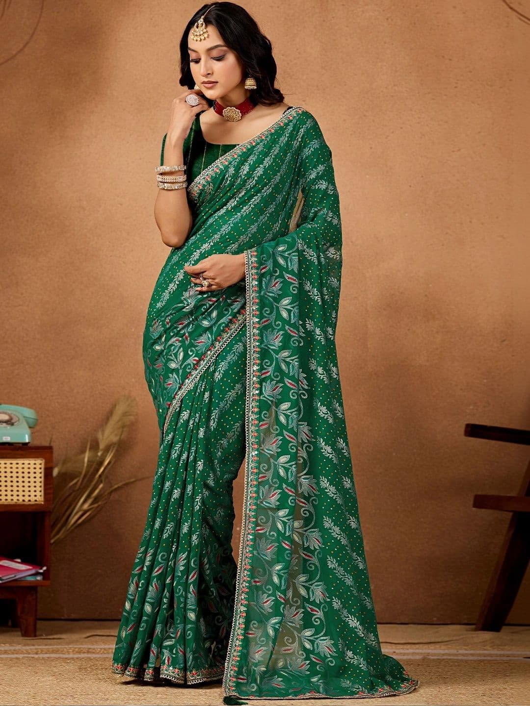 Nayanthara Trends Floral Poly Georgette Designer Bandhani Saree - view 1