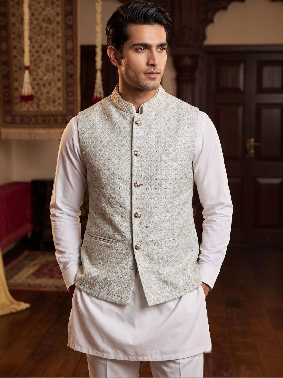 CHIRASVI Embroidered Mandarin Collar Nehru Jacket - view 1