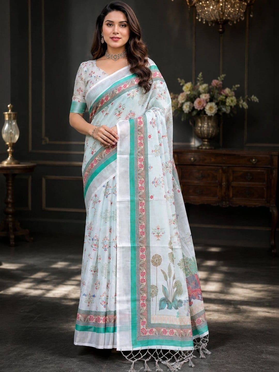 Moda Rapido Floral Linen Blend Bhagalpuri Saree - view 1