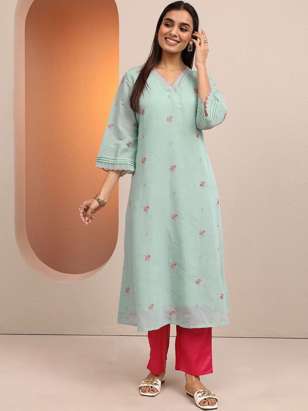 Libas Women Floral Embroidered V-Neck Thread Work Chanderi Cotton Straight Kurta - view 1