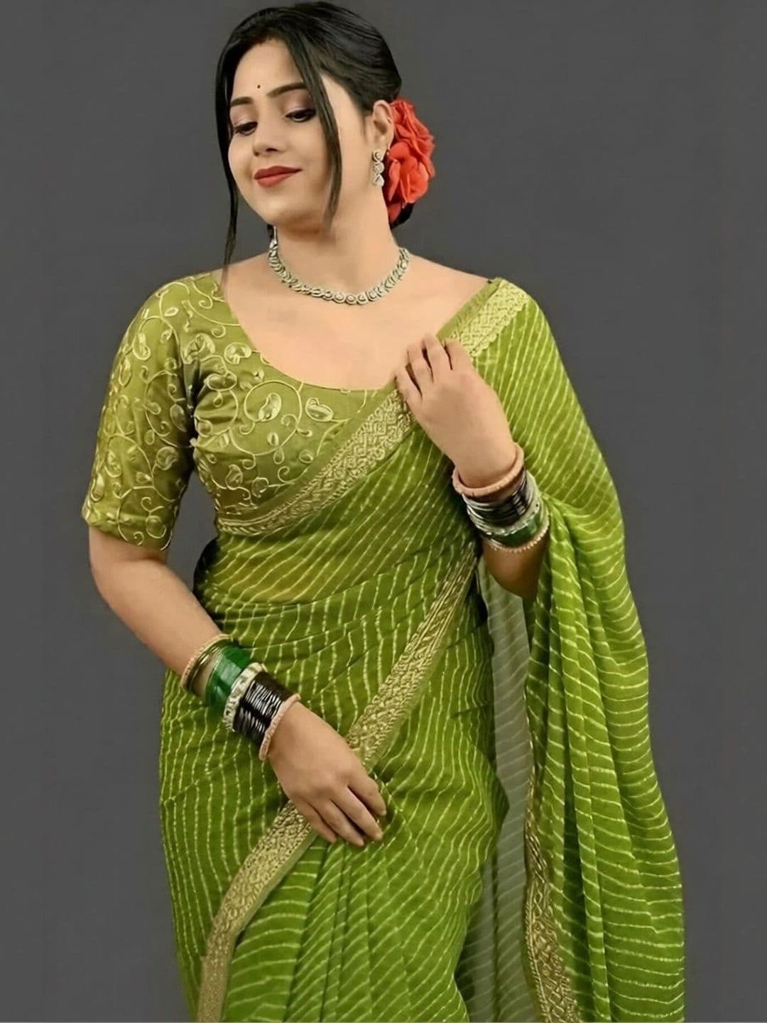 RENBRIZA Leheriya Zari Poly Georgette Saree - view 1