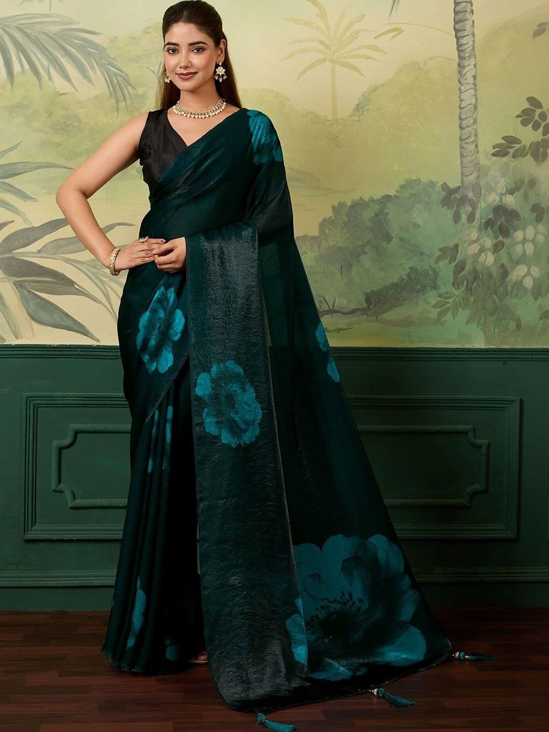 LeeliPeeri Designer Floral Satin Designer Saree - view 1