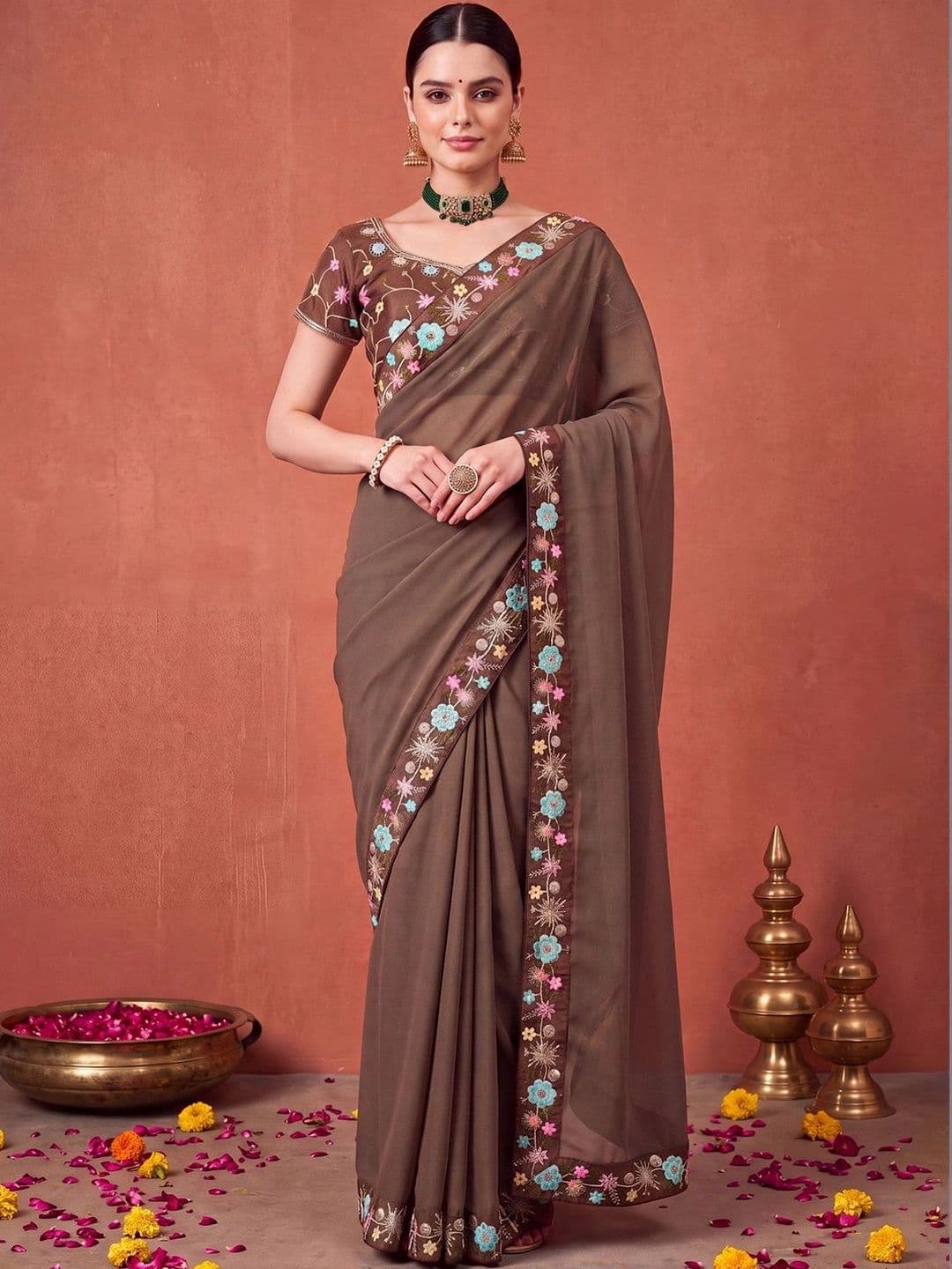 Anouk Floral Embroidered Poly Georgette Designer Saree - view 1