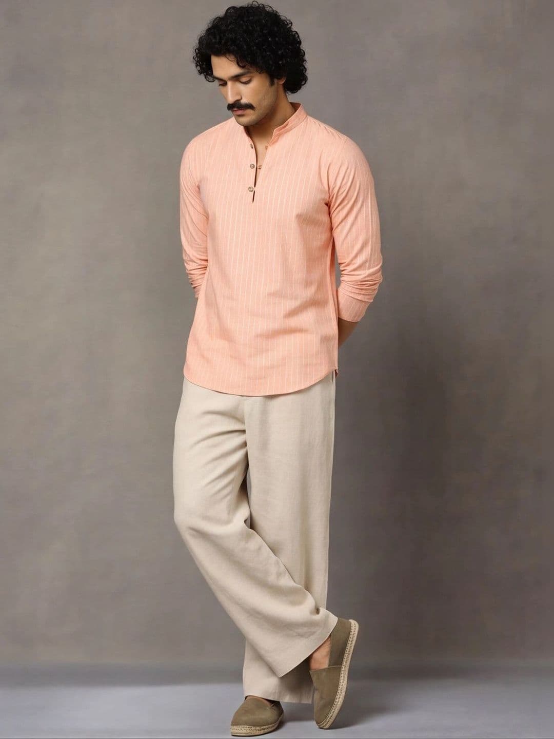 Navibhu Woven Design Solid Cotton Handloom Mandarin Collar Short Kurta - view 1