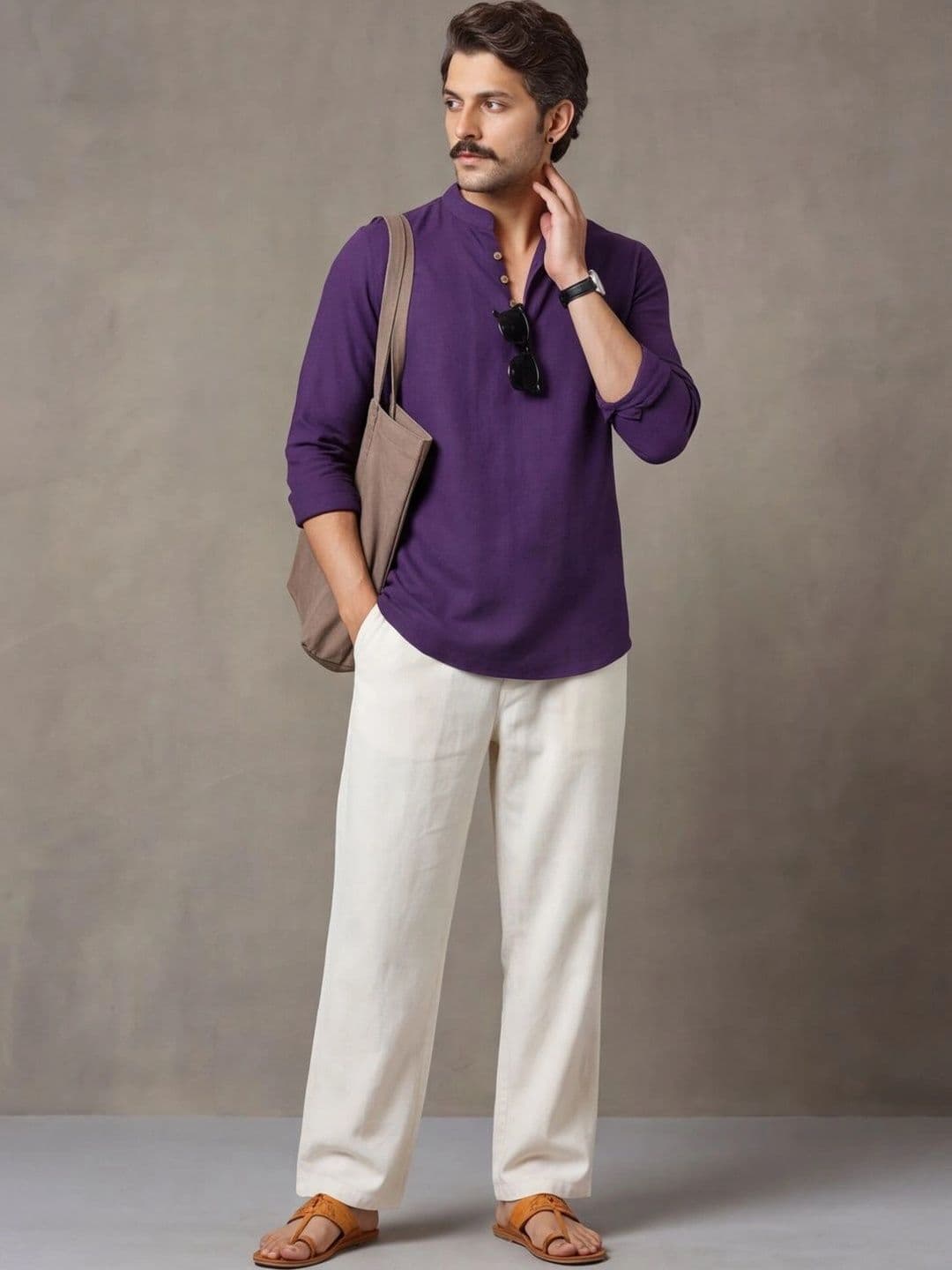 Navibhu Woven Design Solid Cotton Handloom Mandarin Collar Short Kurta - view 1