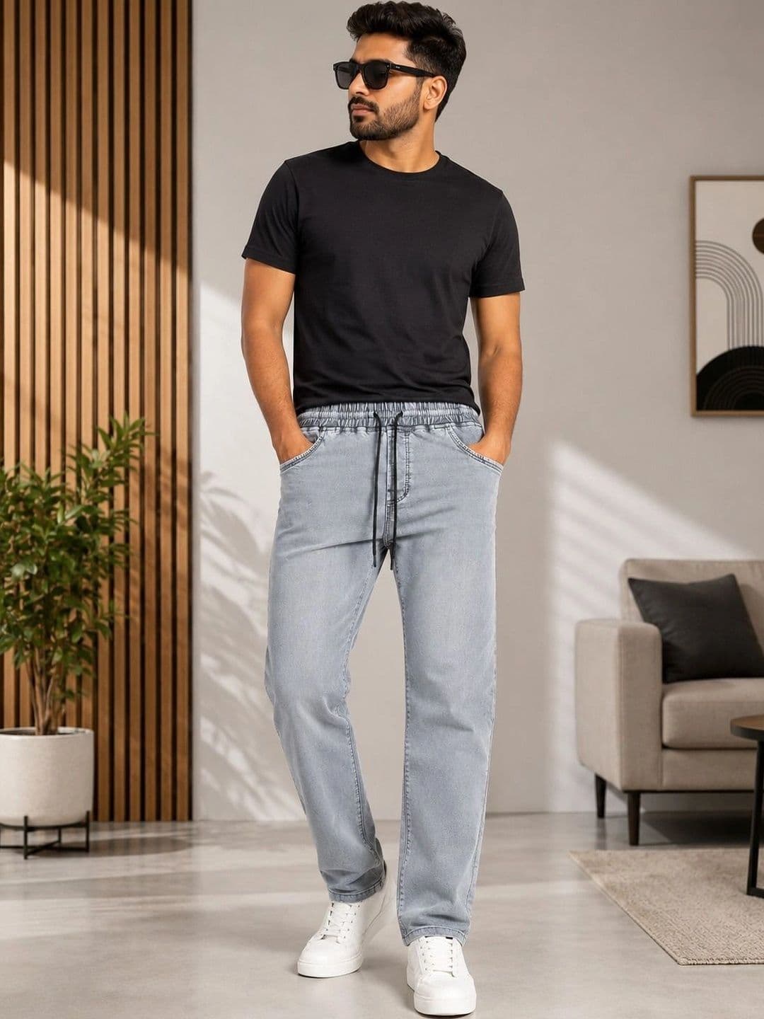 Global Jeans Men's Light Grey Straight Fit Mid-Rise Jeans - view 1