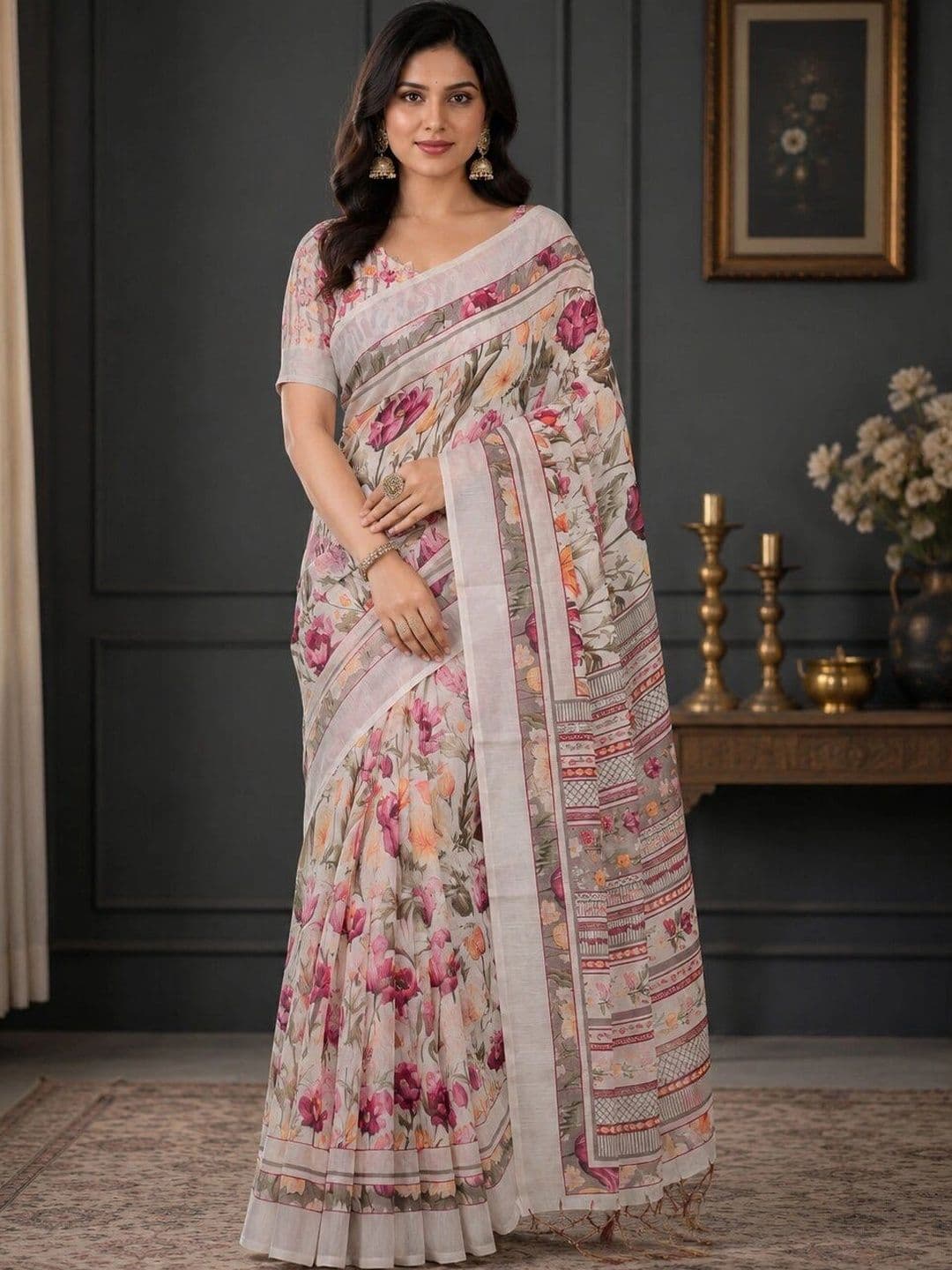 Moda Rapido Floral Linen Blend Bhagalpuri Saree - view 1
