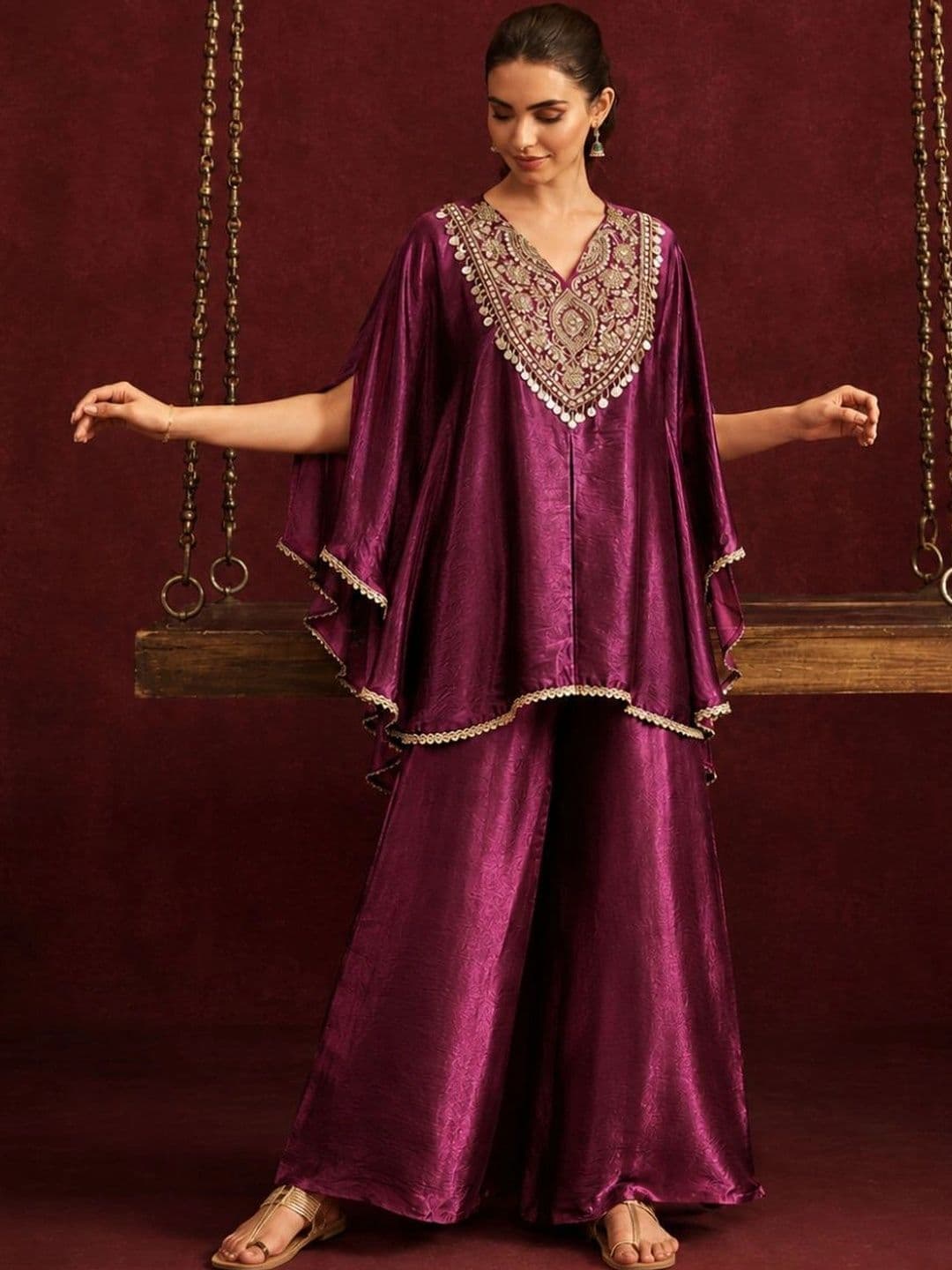 Colors of Earth Colors of Earth Women Ethnic Motifs Embroidered Regular Mirror Work Pure Silk Kurti with Palazzos - view 1