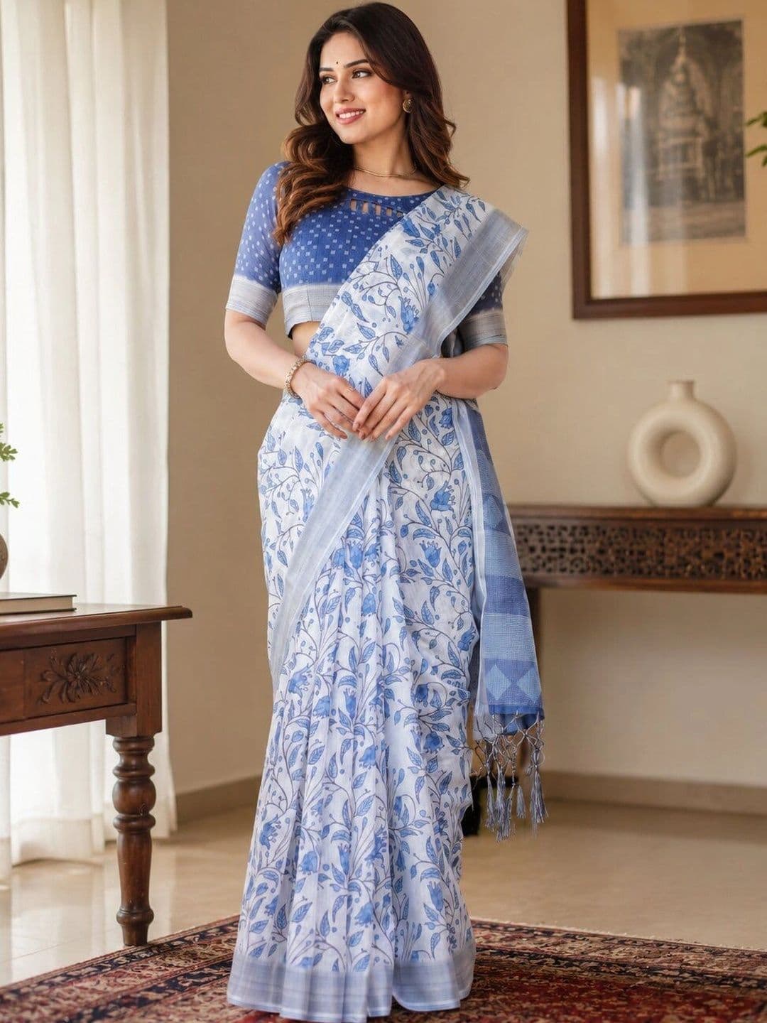 Moda Rapido Floral Linen Blend Bhagalpuri Saree - view 1