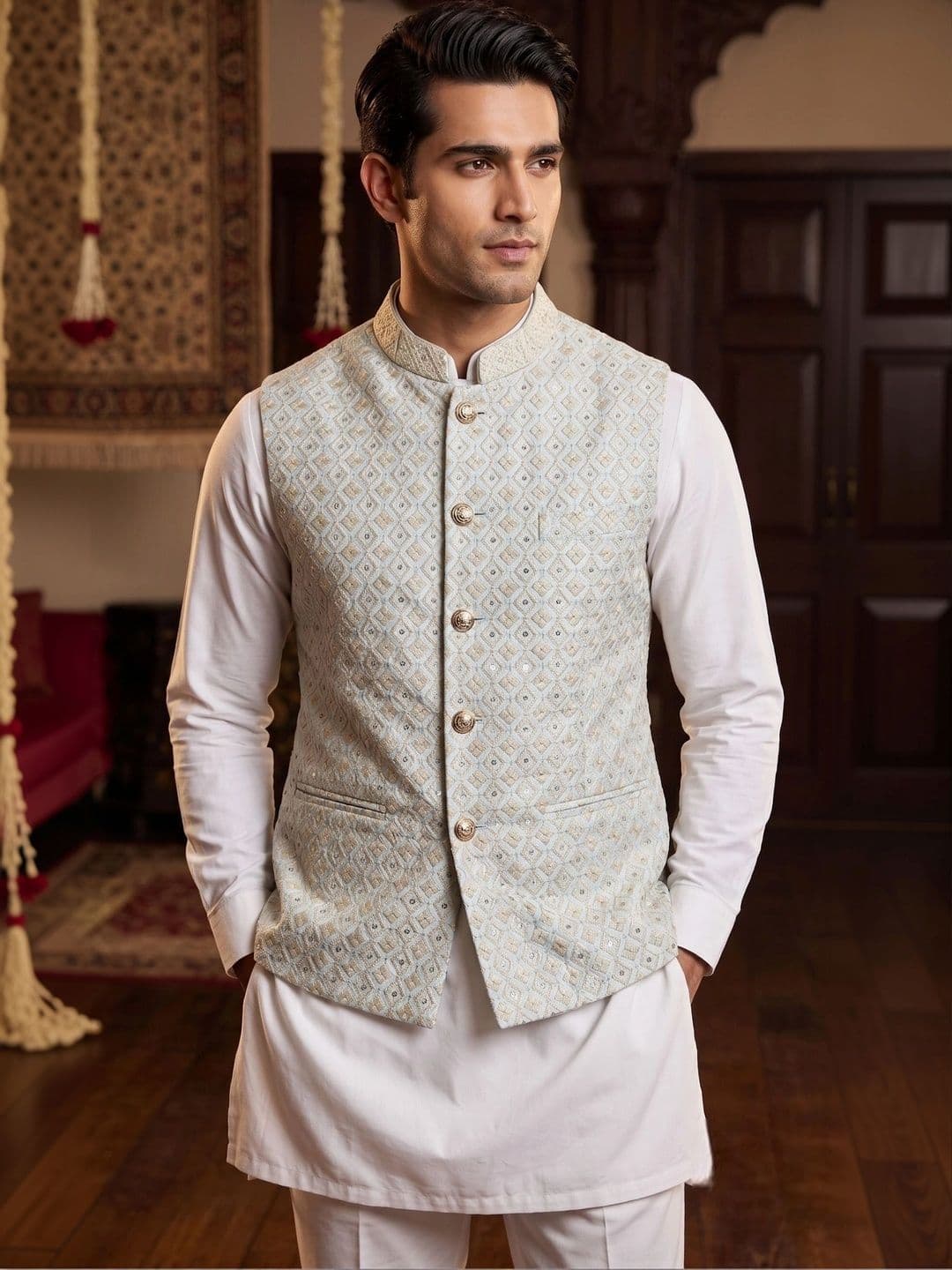 Shiv Leela Embroidered Mandarin Collar Nehru Jacket - view 1