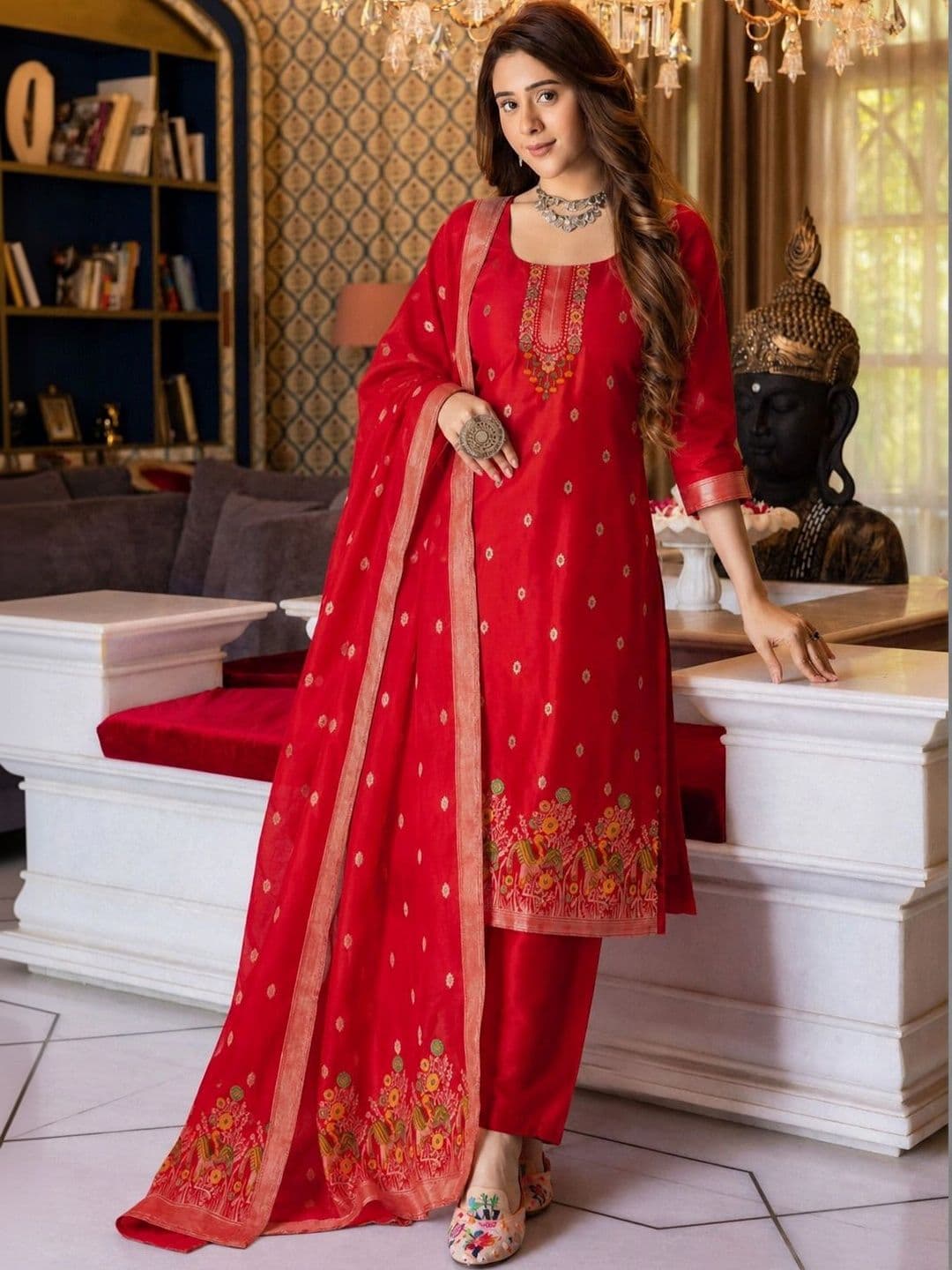 Veera Collection Women Regular Thread Work Kurta with Trousers & With Dupatta - view 1