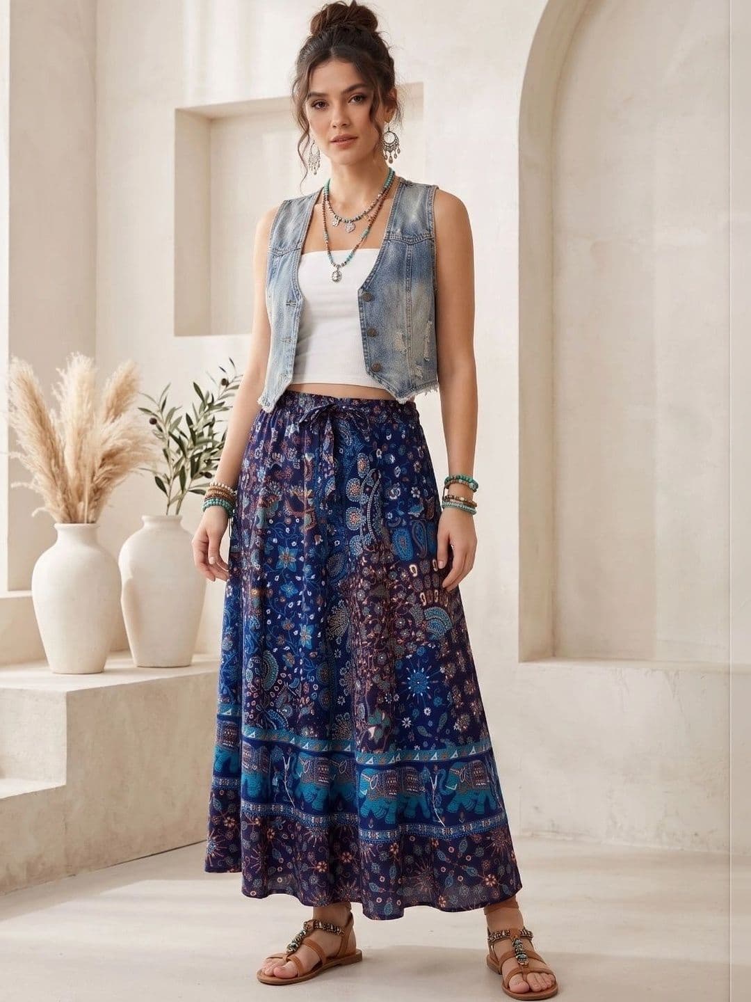 Boholyfe Women Pure Cotton Colourblocked Bohemian Maxi A-Line Skirt - view 1
