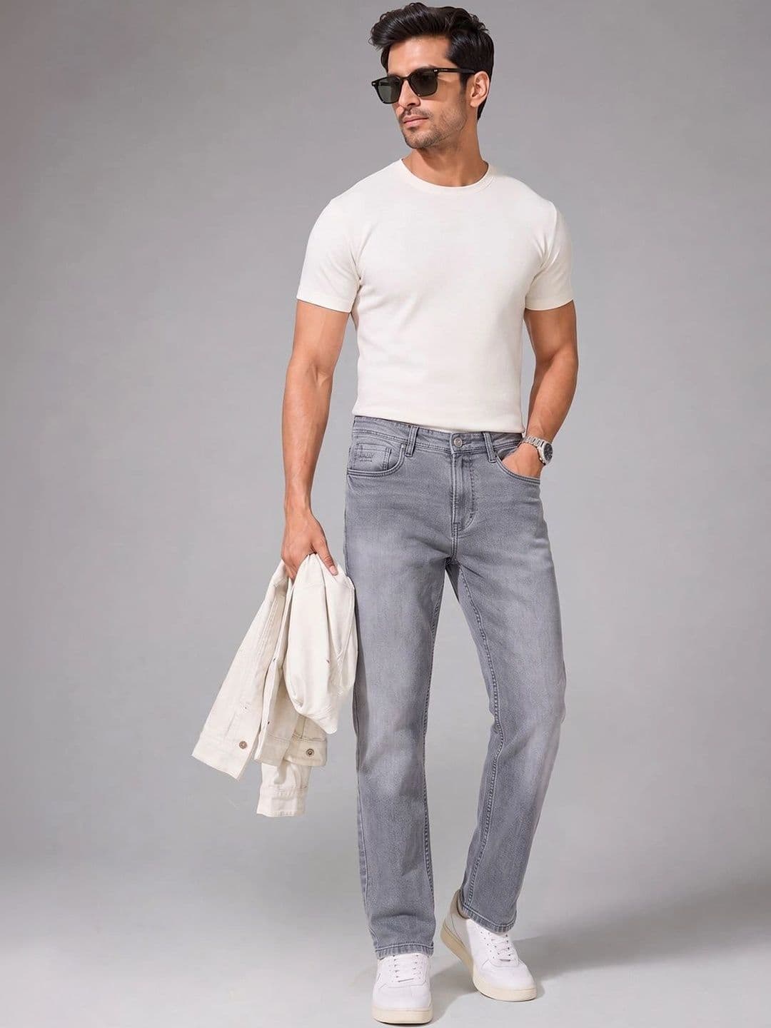THUNDER JEANS Men Straight Fit Mid-Rise Light Fade Stretchable Jeans - view 1