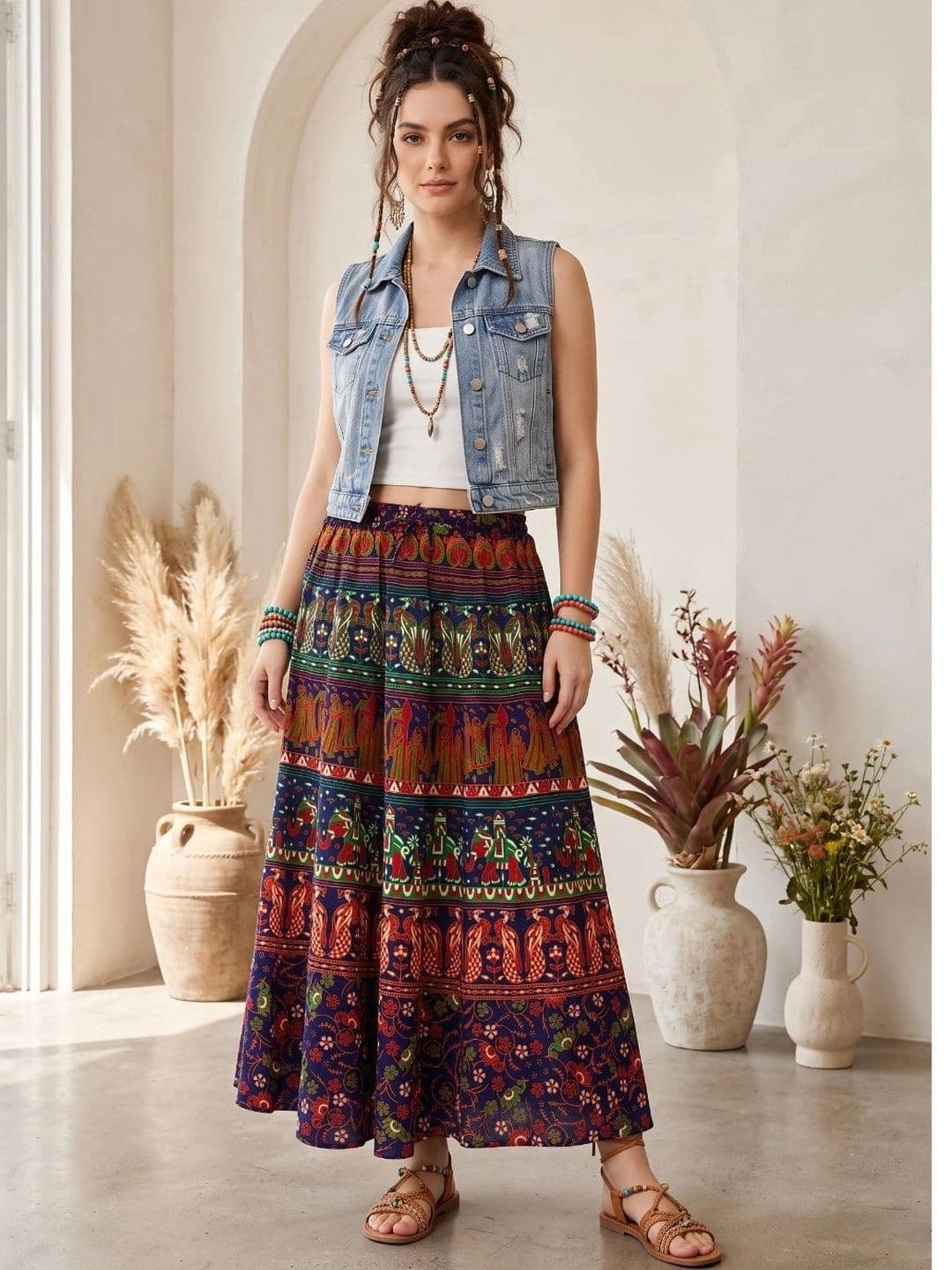 Boholyfe Women Pure Cotton Colourblocked Bohemian Maxi Flared Skirt - view 1