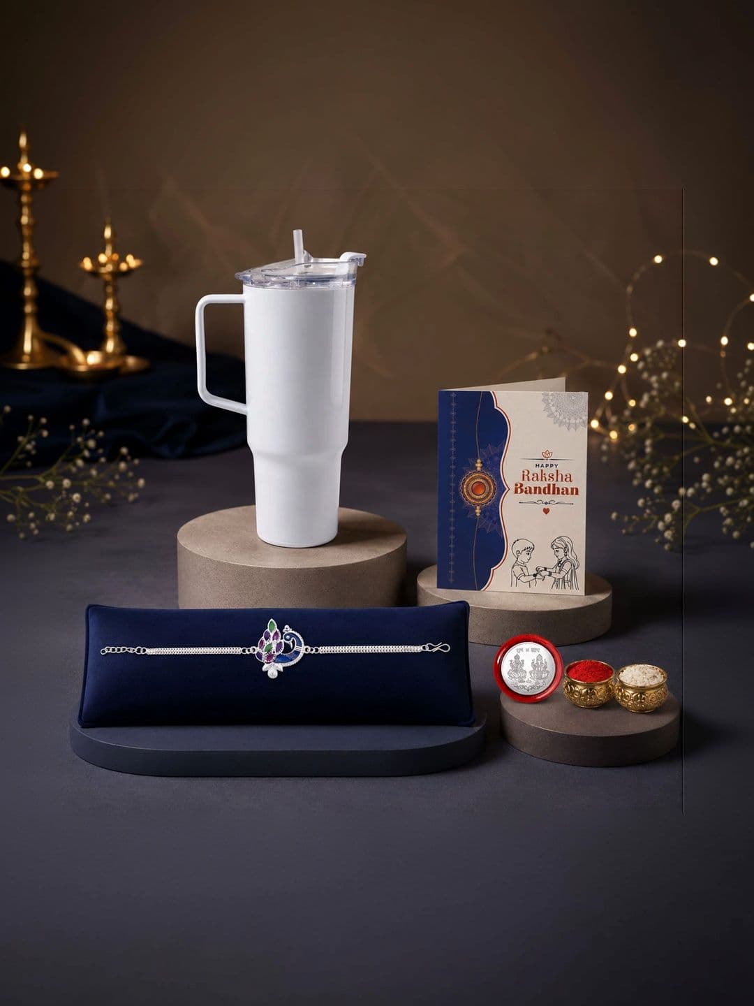 Myntra Elegant Homes Set of 1 Rakhi with Silver Coin Water Bottle-1800 ml & Roli Chawal - view 1