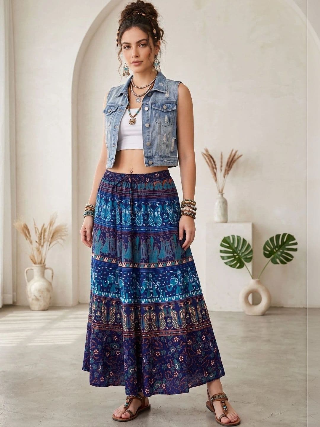 Boholyfe Women Pure Cotton Colourblocked Bohemian Maxi Flared Skirt - view 1