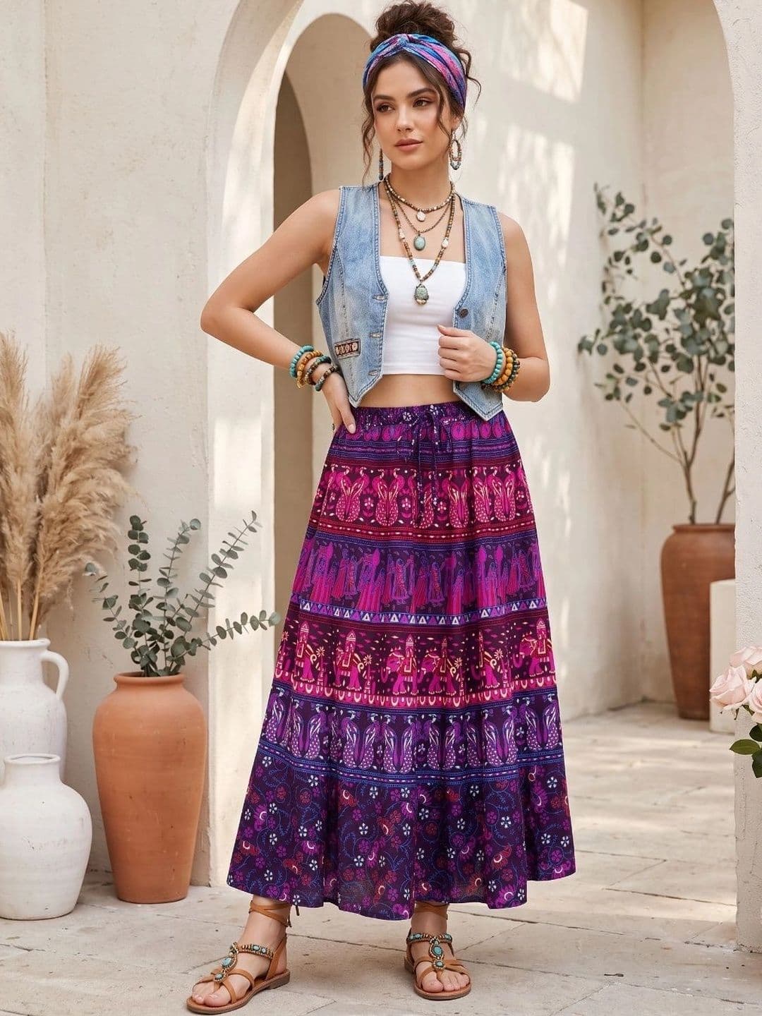 Boholyfe Women Pure Cotton Colourblocked Bohemian Maxi A-Line Skirt - view 1