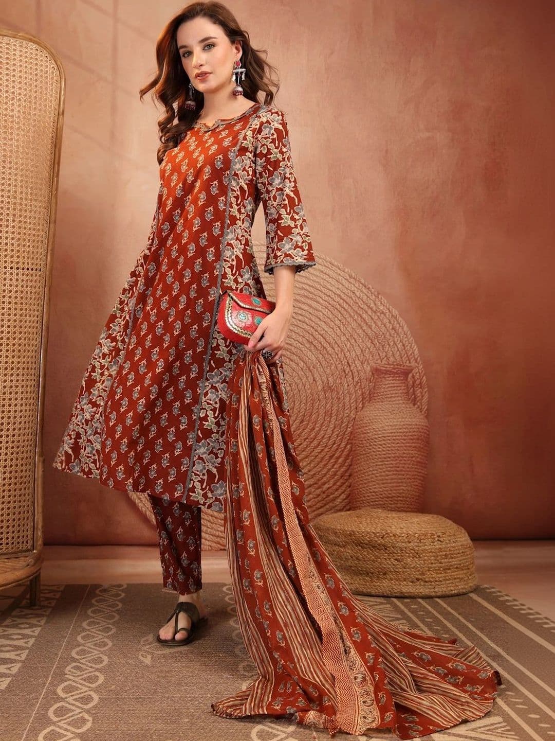 KALINI Women Floral Printed Regular Pure Cotton Kurta with Trousers & With Dupatta - view 1