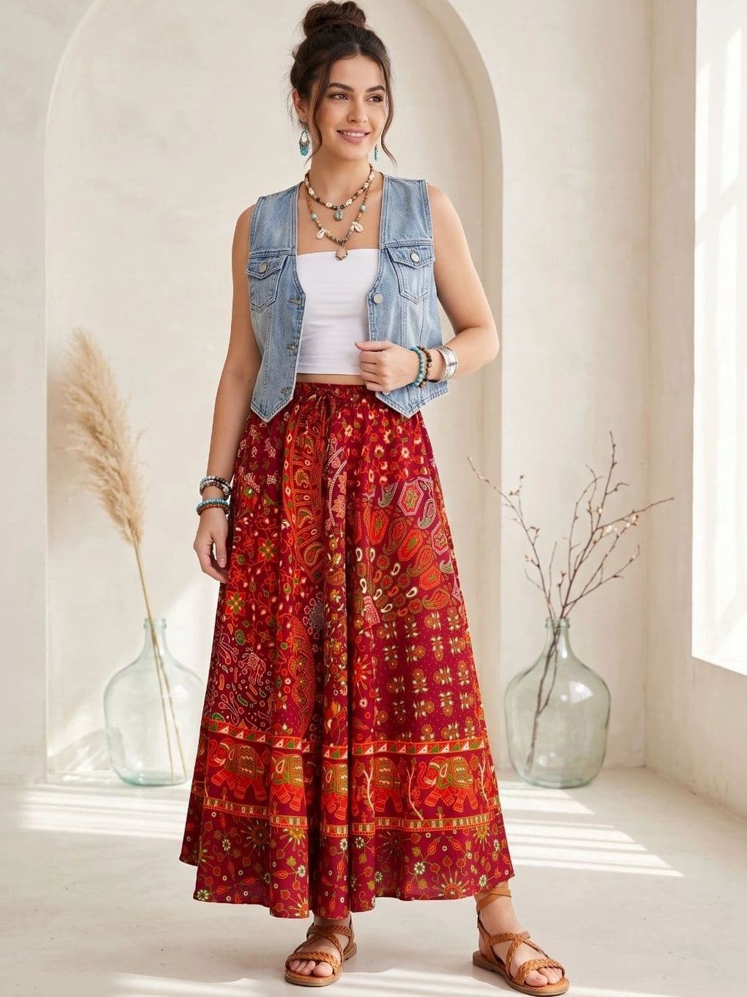 Boholyfe Women Pure Cotton Colourblocked Bohemian Maxi Flared Skirt - view 1