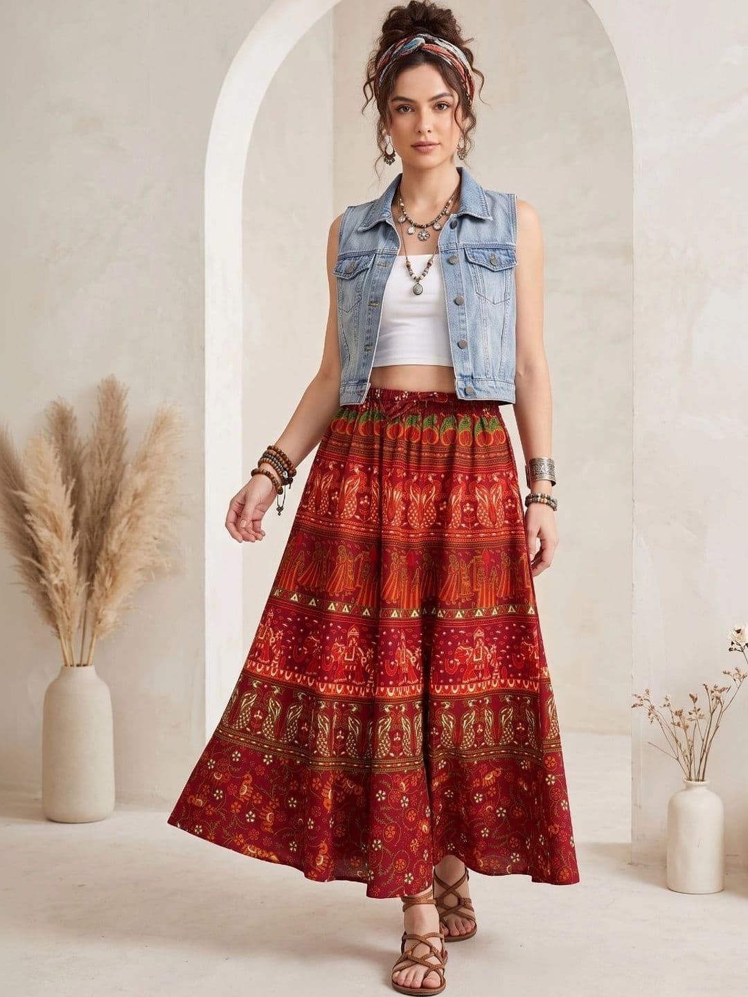 Boholyfe Women Pure Cotton Colourblocked Bohemian Maxi Flared Skirt - view 1