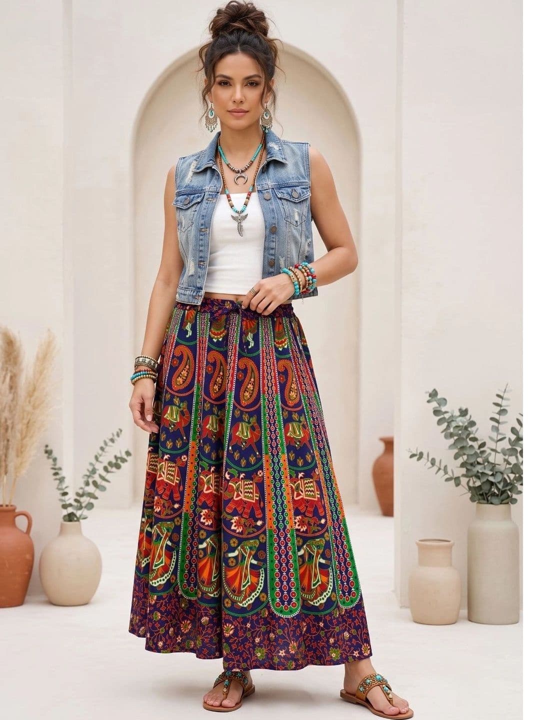 Boholyfe Women Pure Cotton Colourblocked Bohemian Maxi Flared Skirt - view 1