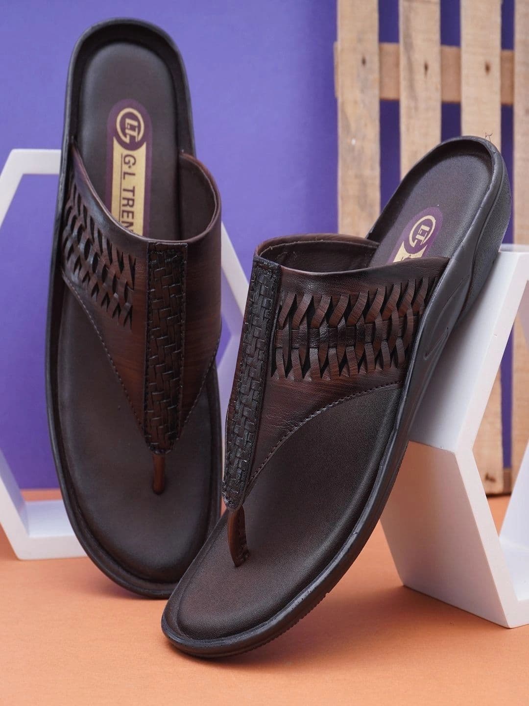 G L Trend Men's Brown Textured Comfort Thong Sandals with Adjustable Strap - view 1