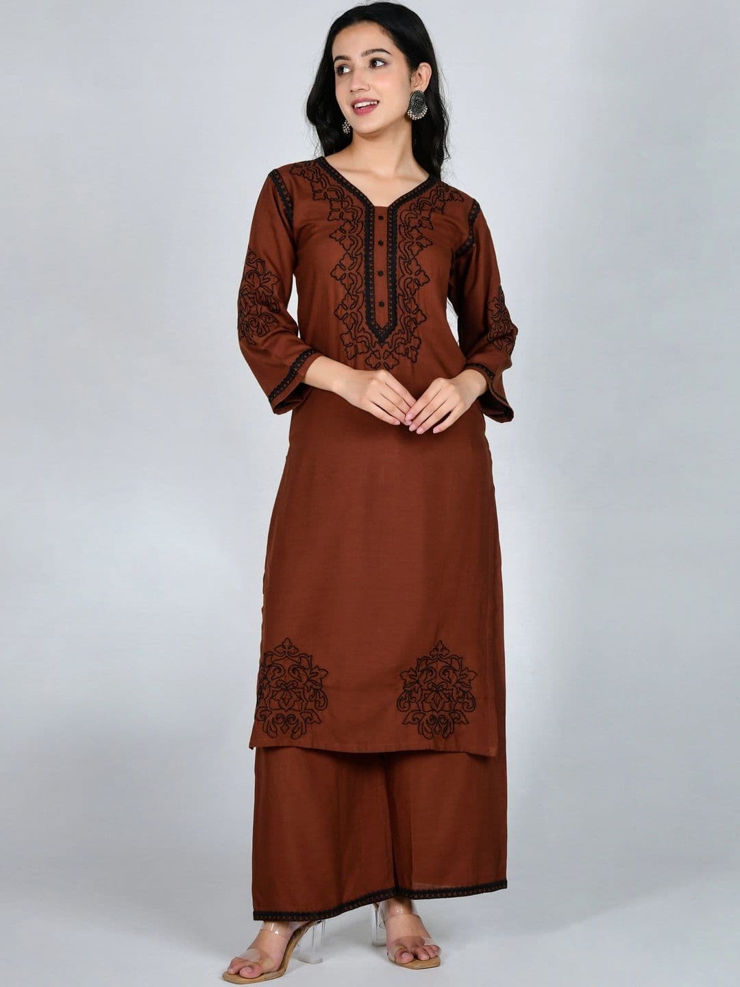 YOJINI Women Ethnic Motifs Embroidered Regular Thread Work Kurta with Palazzos - view 1