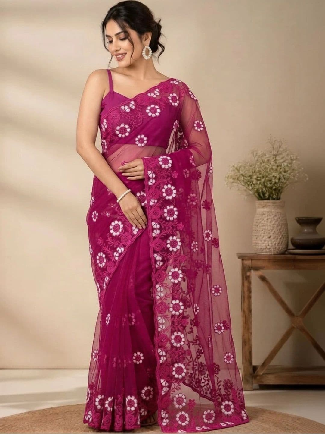 akhodalkrp Floral Embroidered Net Saree - view 1