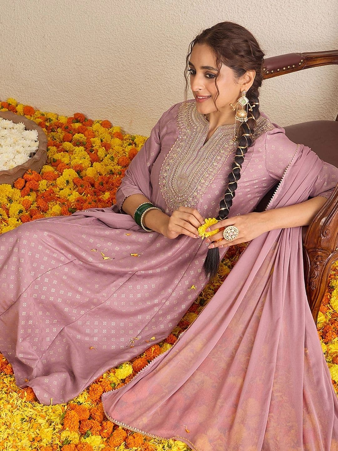 Janasya Ethnic Motifs Printed Panelled Thread Work Muslin Kurta With Palazzo & Dupatta Set - view 1