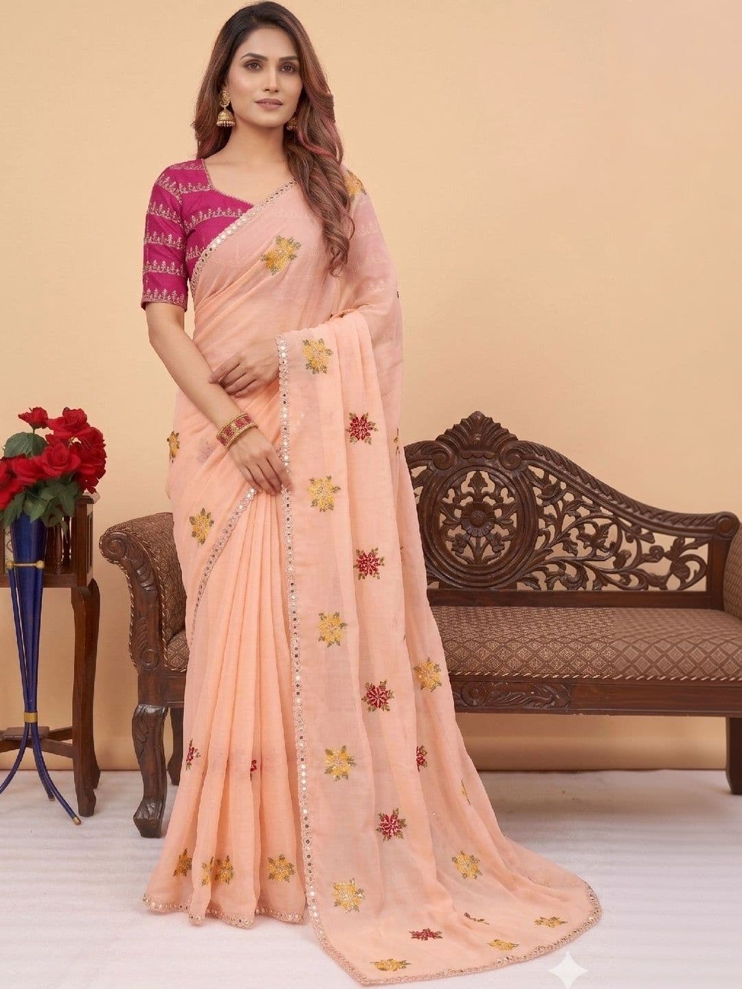 SmileyFashion Floral Mirror Work Poly Chiffon Designer Saree - view 1