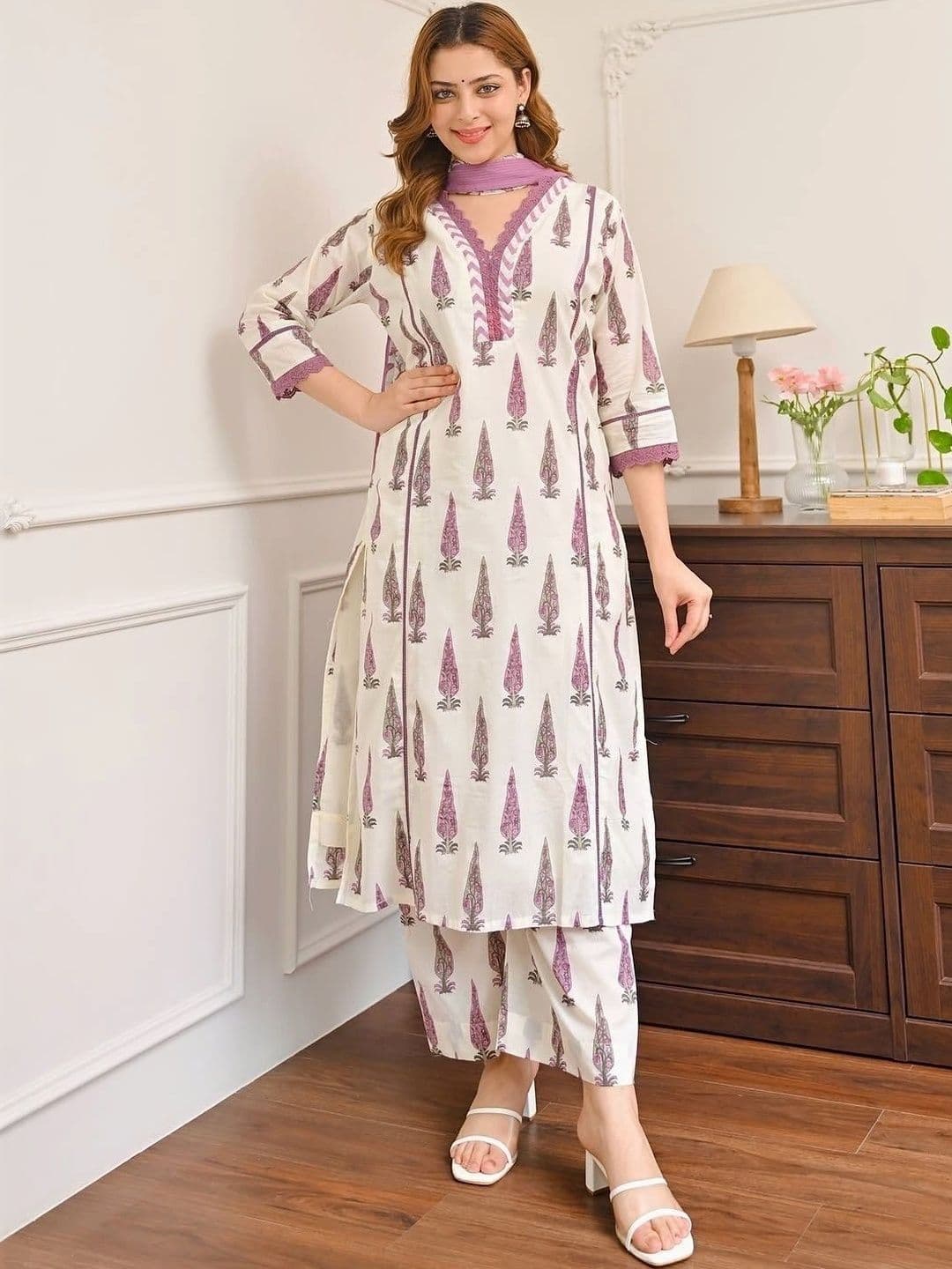 all about you Women Ethnic Motifs Printed Regular Pure Cotton Kurta with Trousers & With Dupatta - view 1