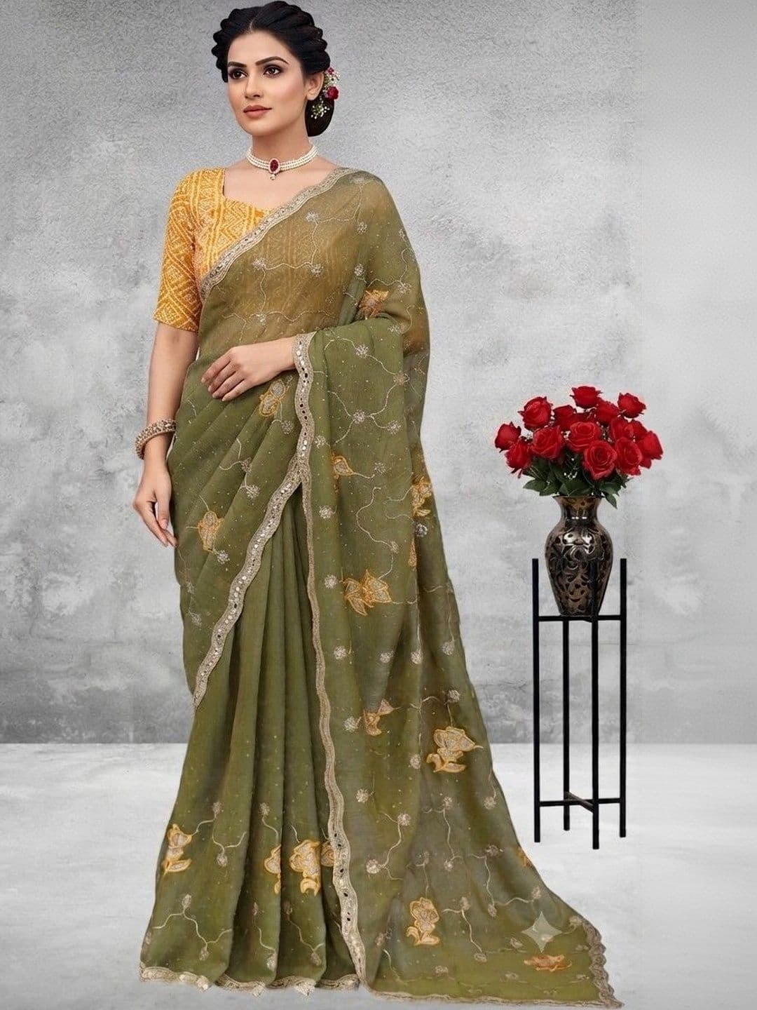 SmileyFashion Floral Poly Georgette Saree - view 1