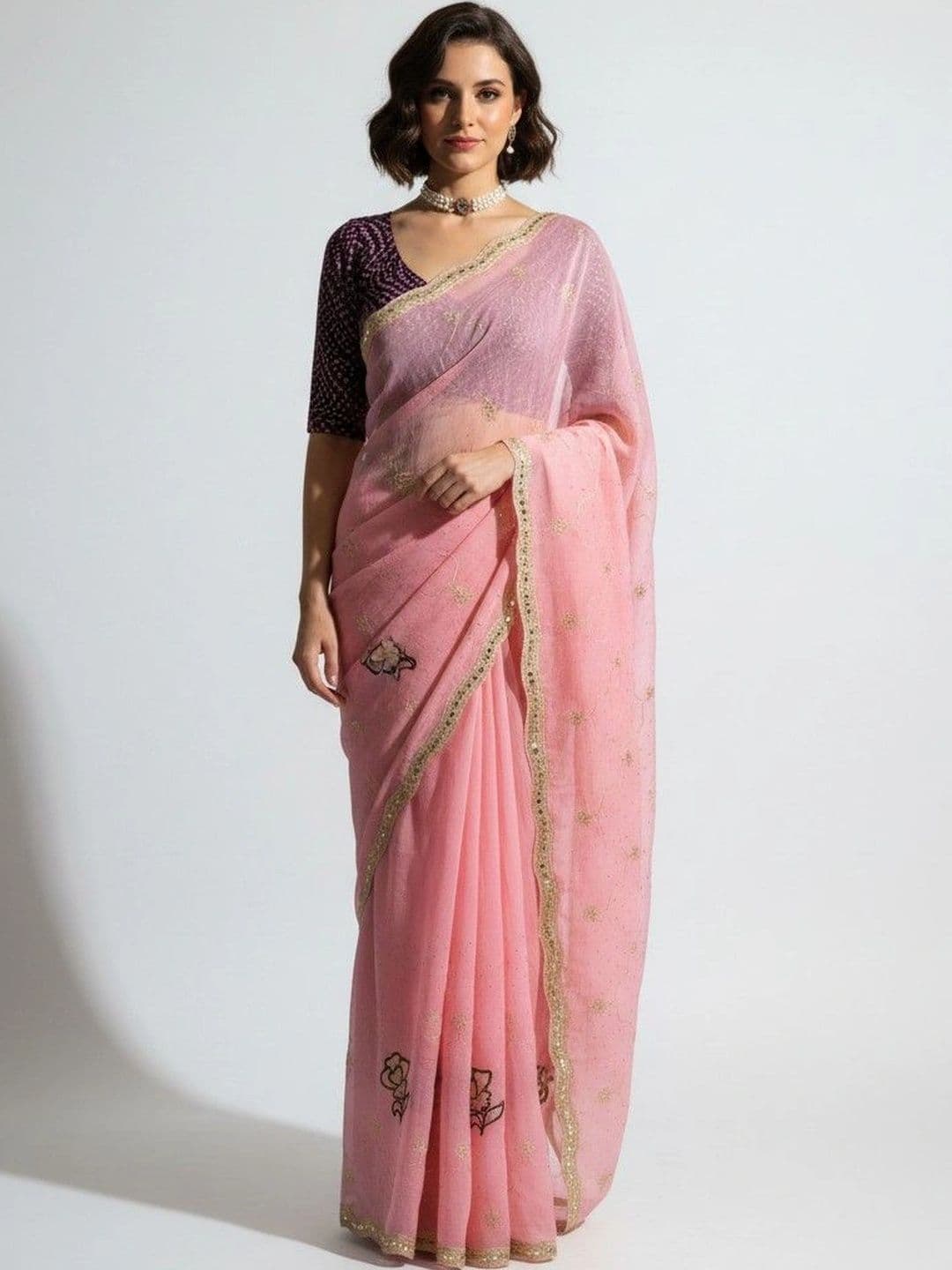 SmileyFashion Floral Poly Georgette Saree - view 1