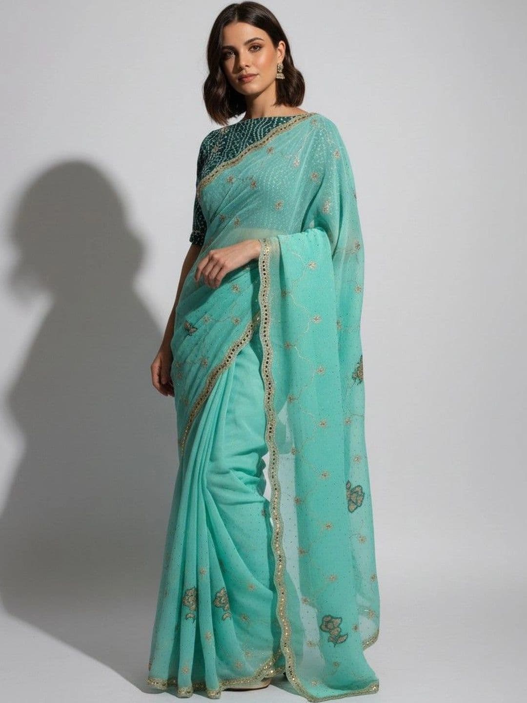 SmileyFashion Embellished Embroidered Poly Georgette Saree - view 1