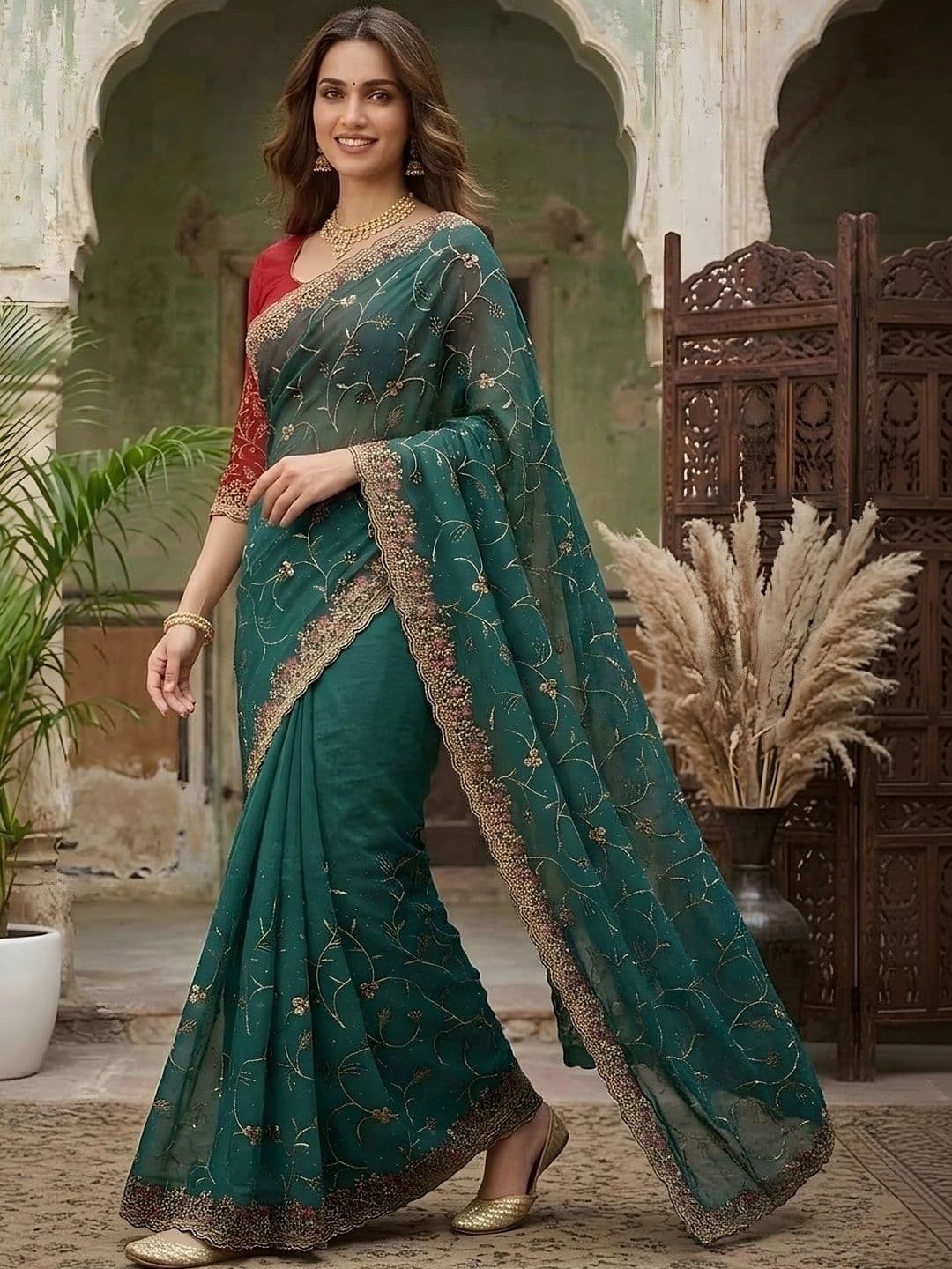 all about you Women Floral Embroidered Silk Blend Fusion Saree - view 1