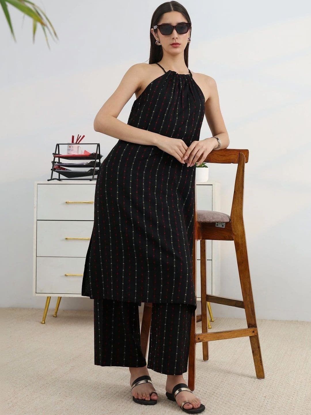 Gerua By Libas Libas Black Woven Design Halter-Neck Straight Kurta Set - view 1